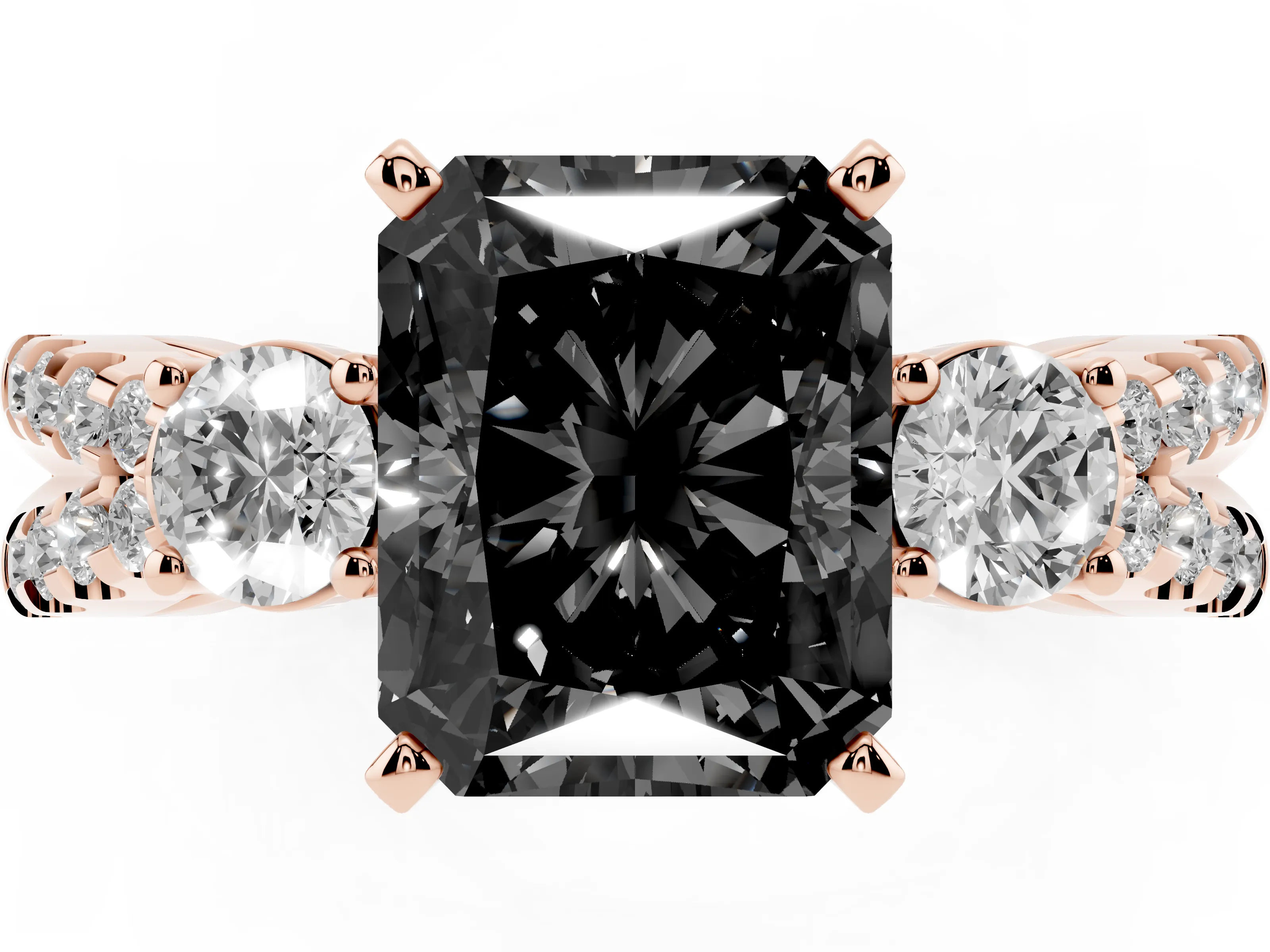 Fancy Black Radiant Cut Diamond Three-Stone Ring Set in Rose gold with Pavé Split Shank and Prong Setting