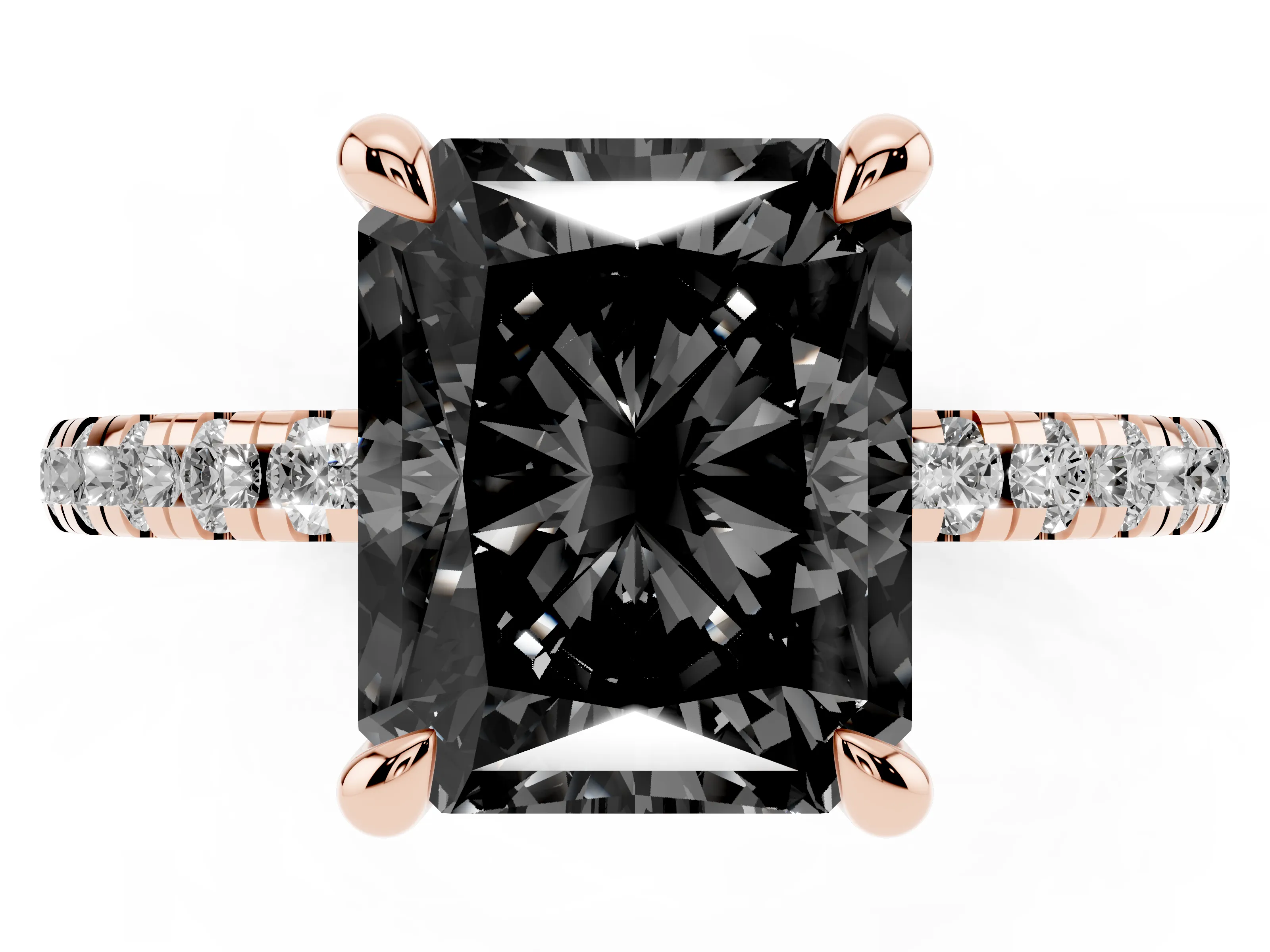 Fancy Black Radiant Cut Diamond Brilliant Solitaire Ring Set in Rose gold with Pavé Band and Prong Setting