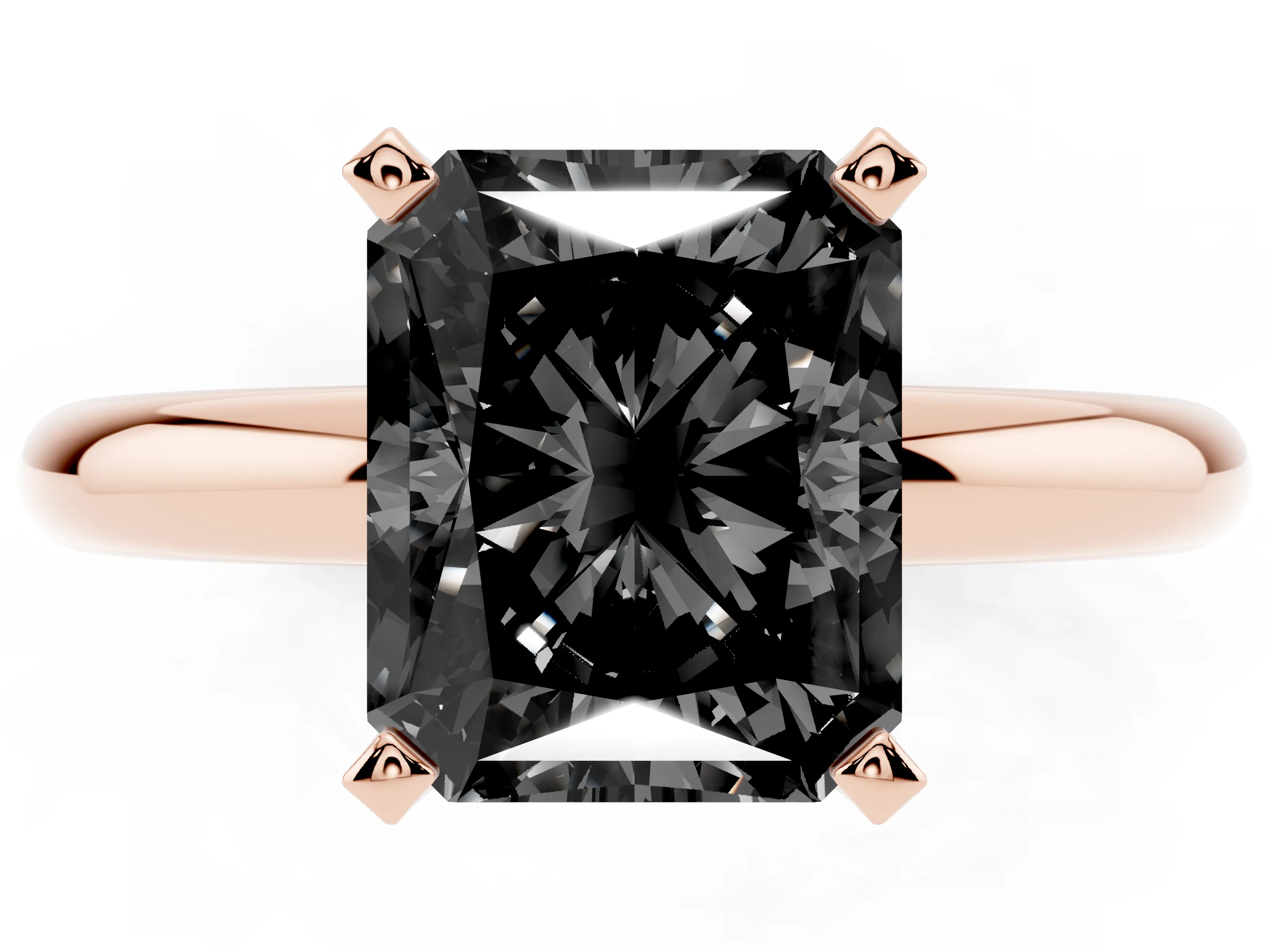 Fancy Black Radiant Cut Diamond Solitaire Engagement Ring Set in Rose gold with Round Band and Prong Setting