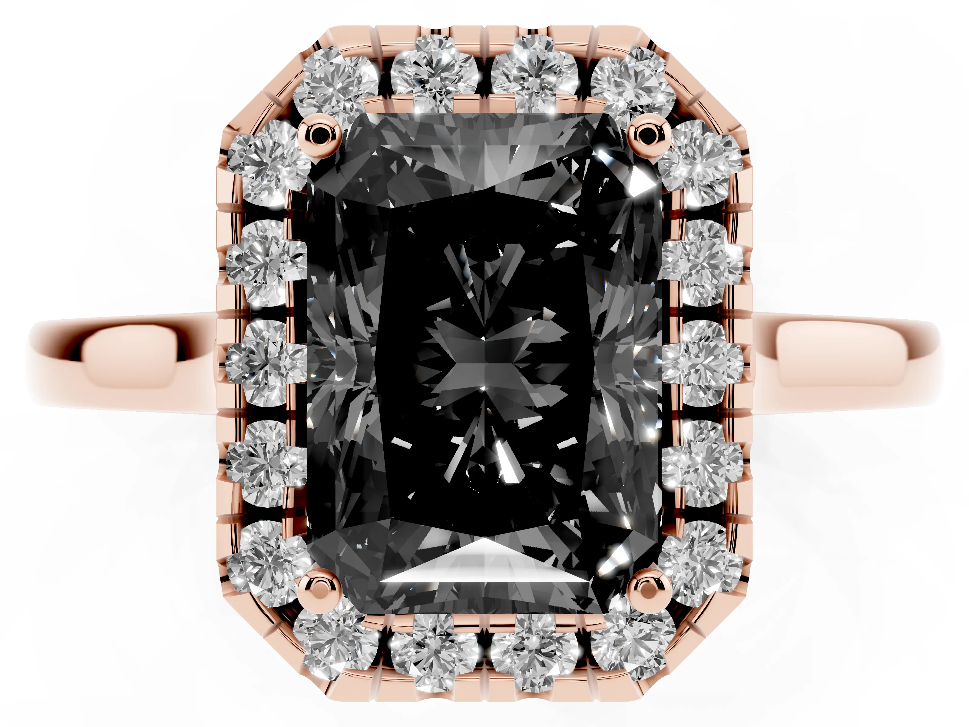 Fancy Black Radiant Cut Halo Round Diamond Solitaire Ring Set in Rose gold with Pavé Band and Prong Setting