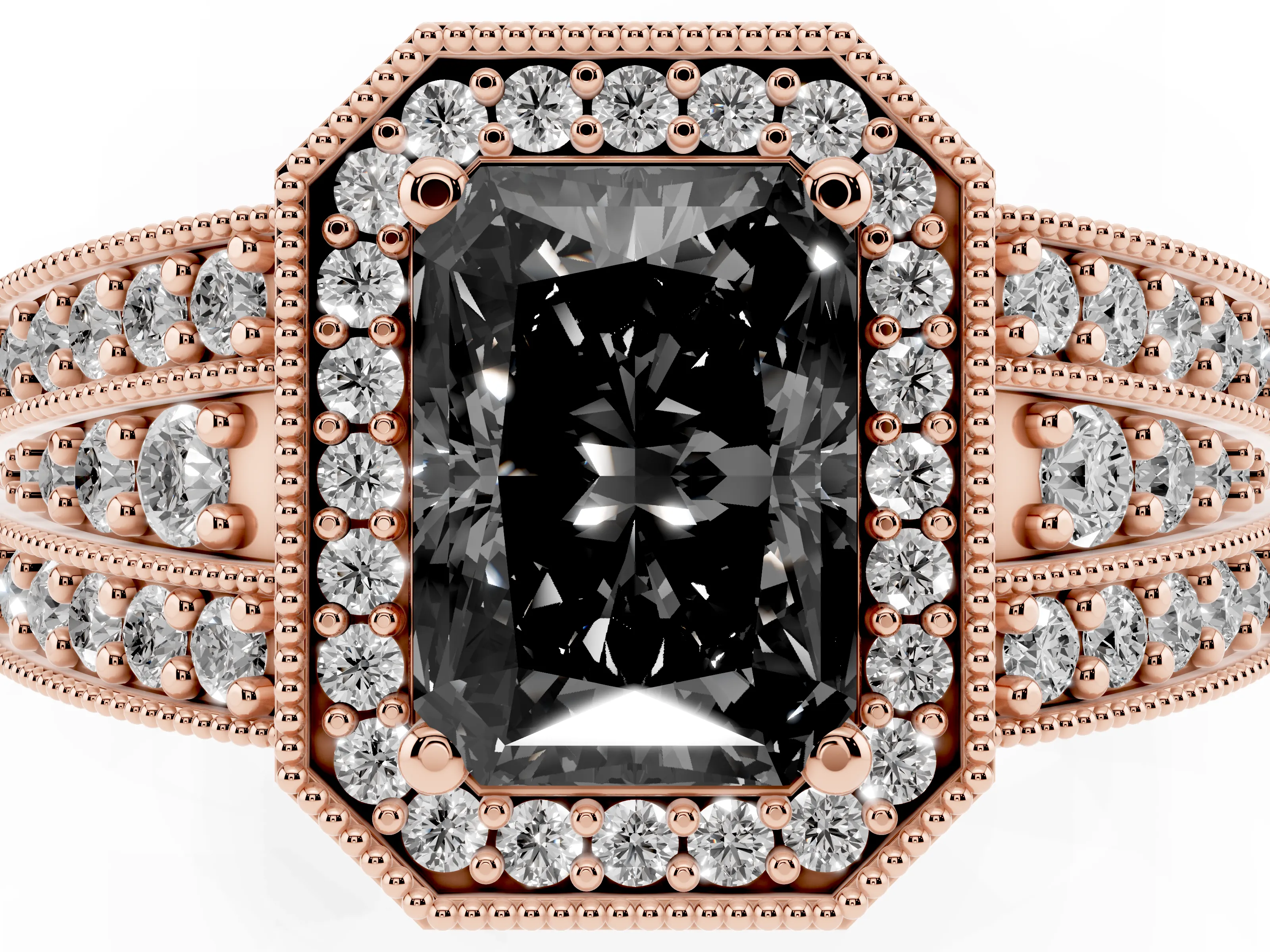 Fancy Black Radiant Cut Diamond Halo Ring Set in Rose gold with Accent Split Shank and Prong Setting
