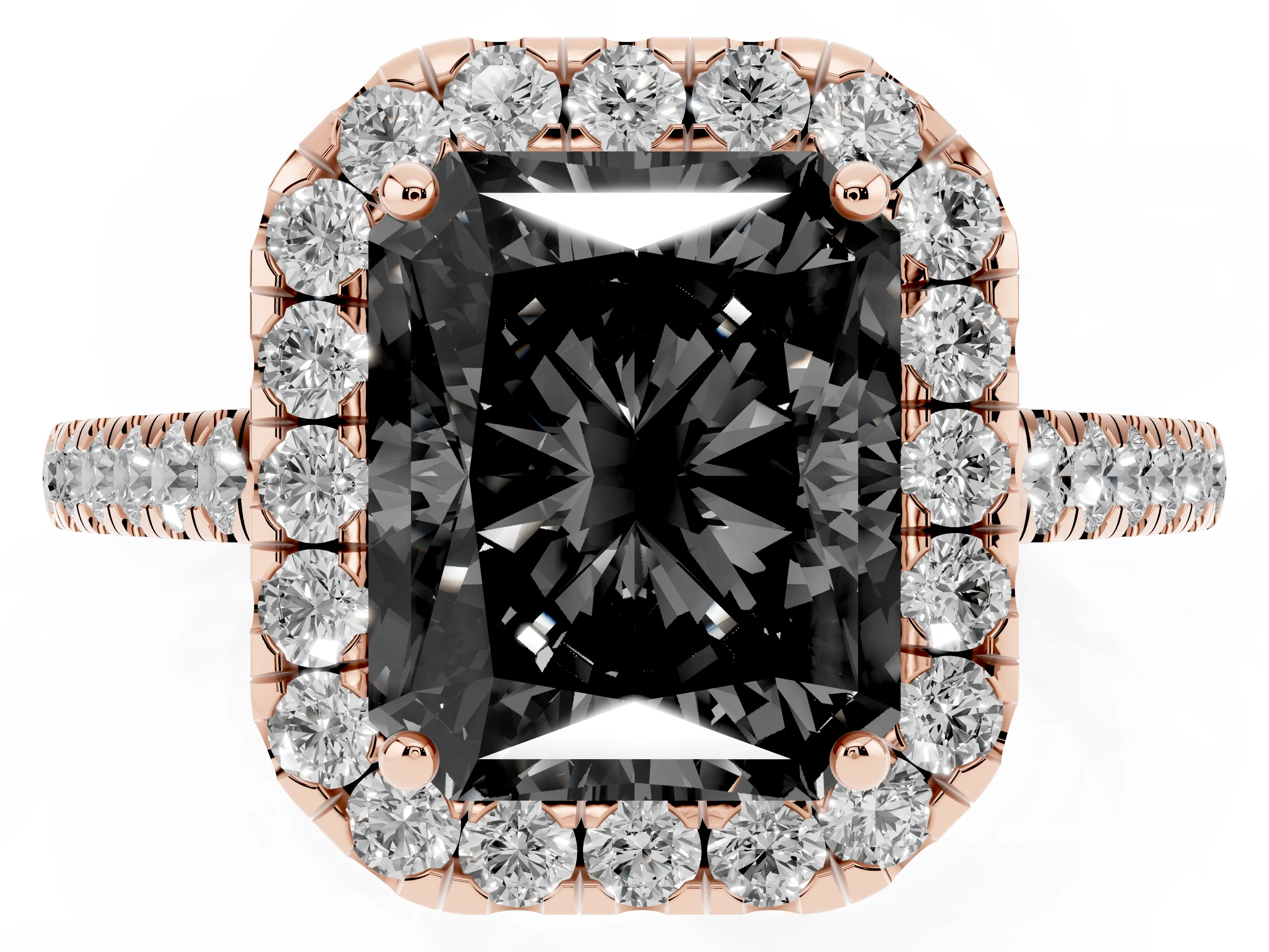 Fancy Black Radiant Cut Diamond Halo Pavé Engagement Ring Set in Rose gold with Prong Setting
