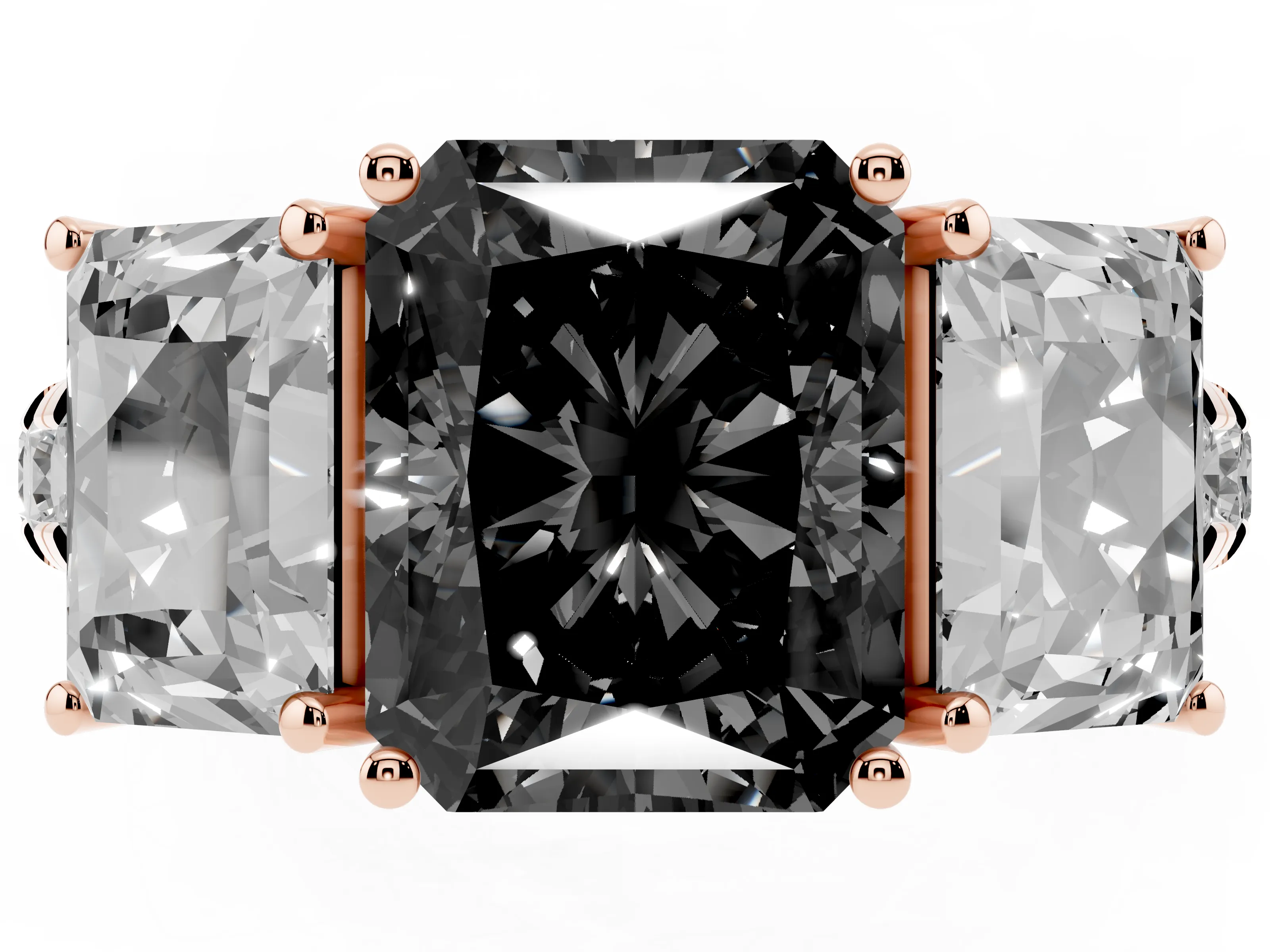 Fancy Black Radiant Cut Diamond Three-Stone Ring Set in Rose gold with Pavé Band