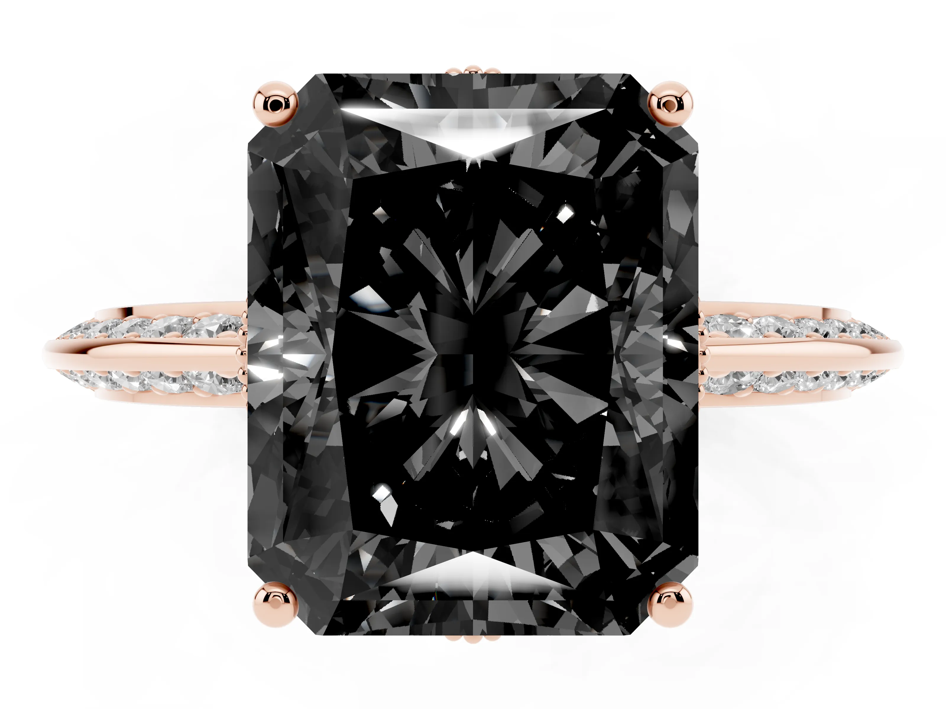 Fancy Black Radiant Cut Diamond Solitaire Engagement Ring Set in Rose gold with Pavé Split Shank and Prong Setting