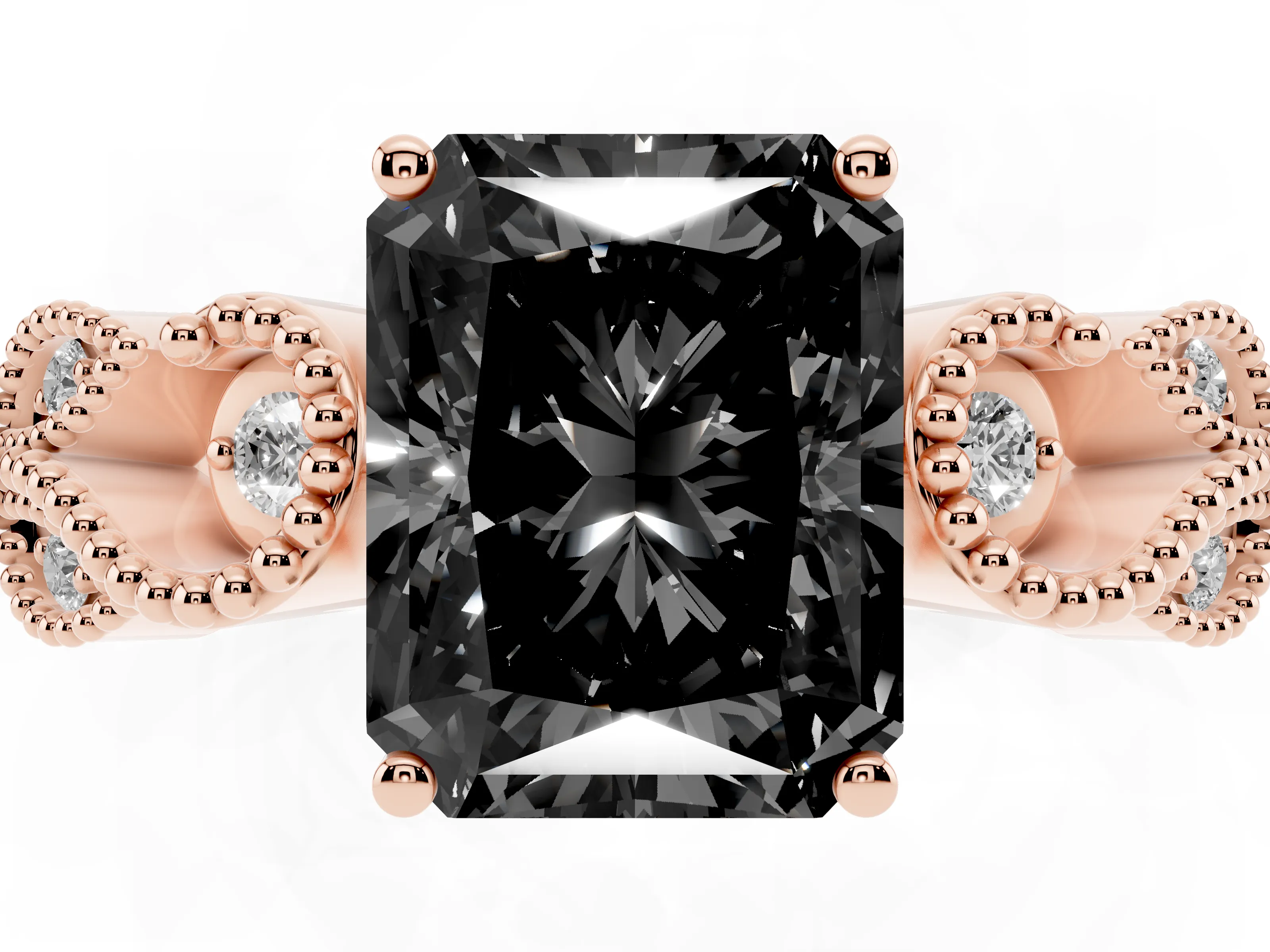 Fancy Black Radiant Cut Diamond Milgrain Leaf Band Solitaire Ring Set in Rose gold with Accent Stones and Prong Setting