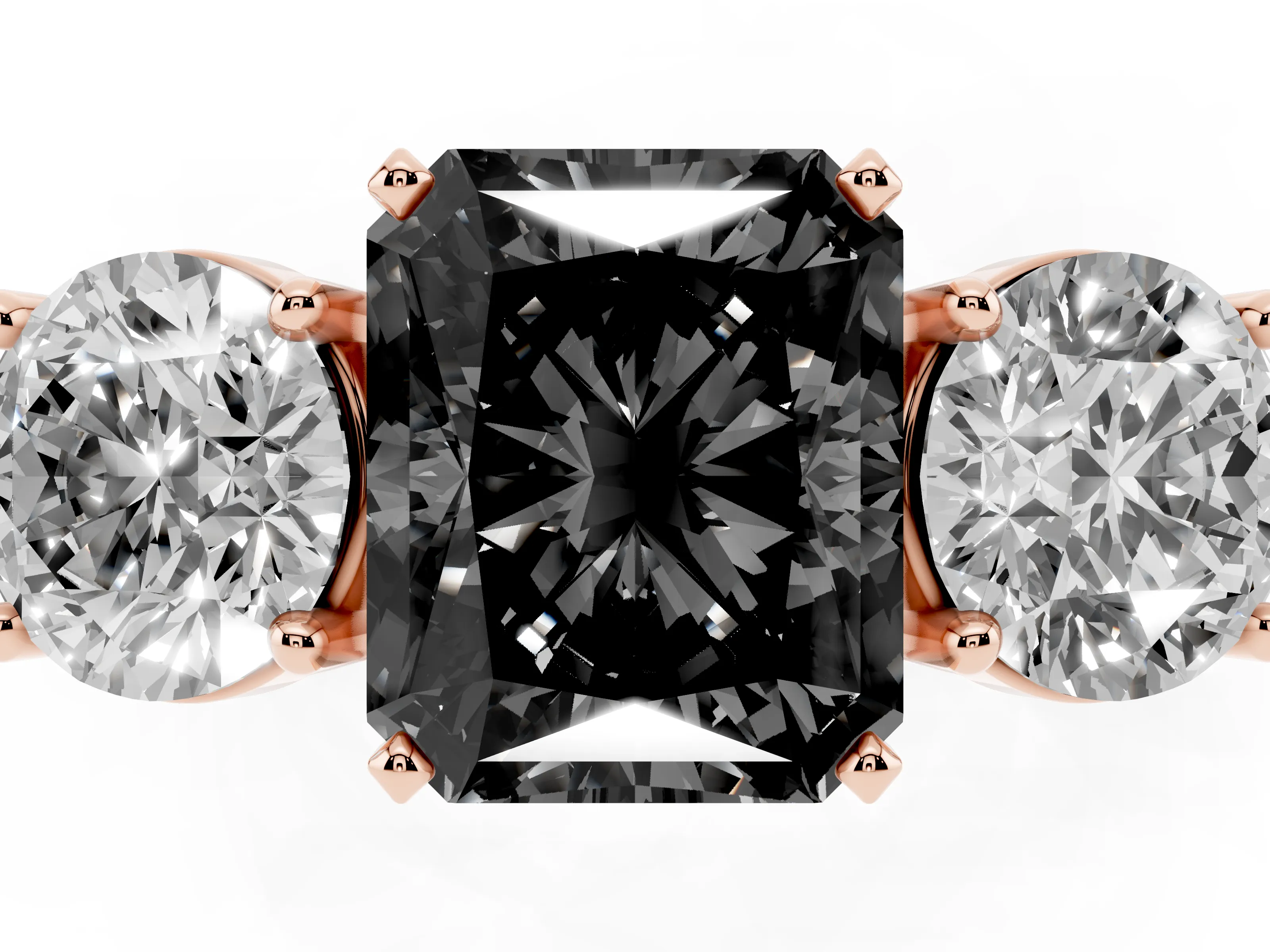 Fancy Black Radiant Cut Diamond Three-Stone Ring Set in Rose gold with Round Side Stones and Classic Band