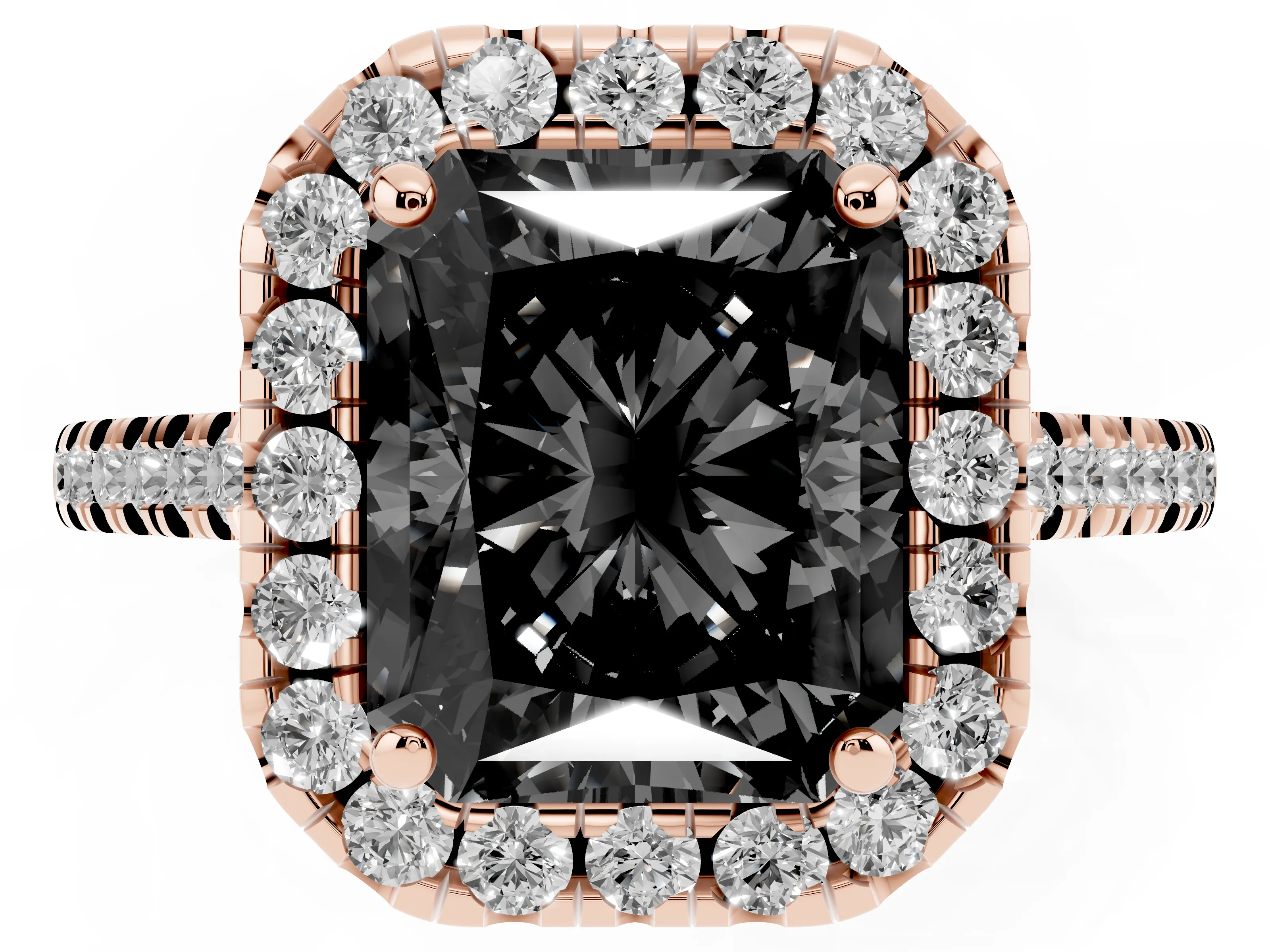 Fancy Black Radiant Cut Diamond Cushion Halo Ring Set in Rose gold with Pavé Band