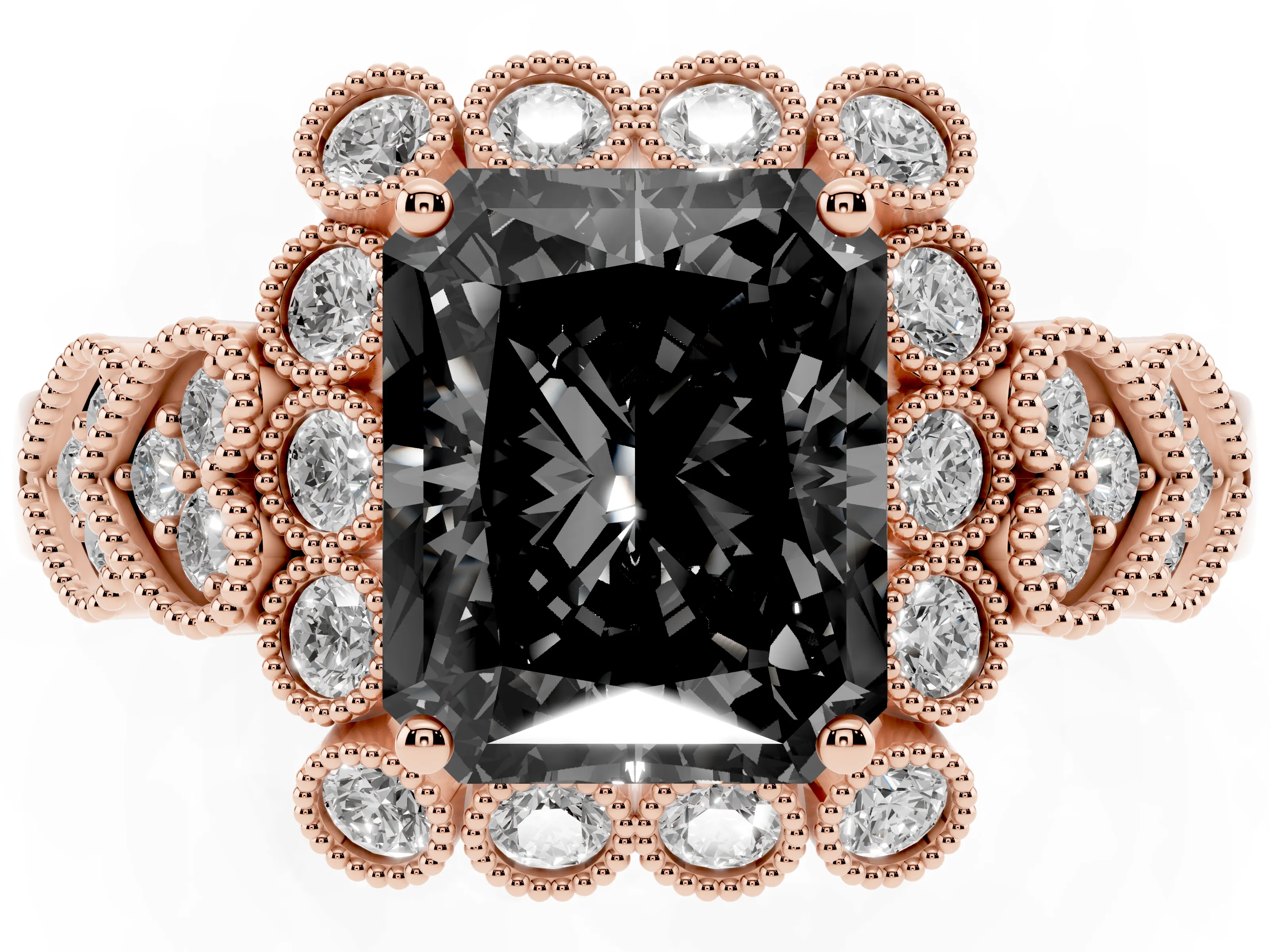 Fancy Black Radiant Cut Diamond Solitaire Ring Set in Rose gold with Milgrain Pavé Heart Band