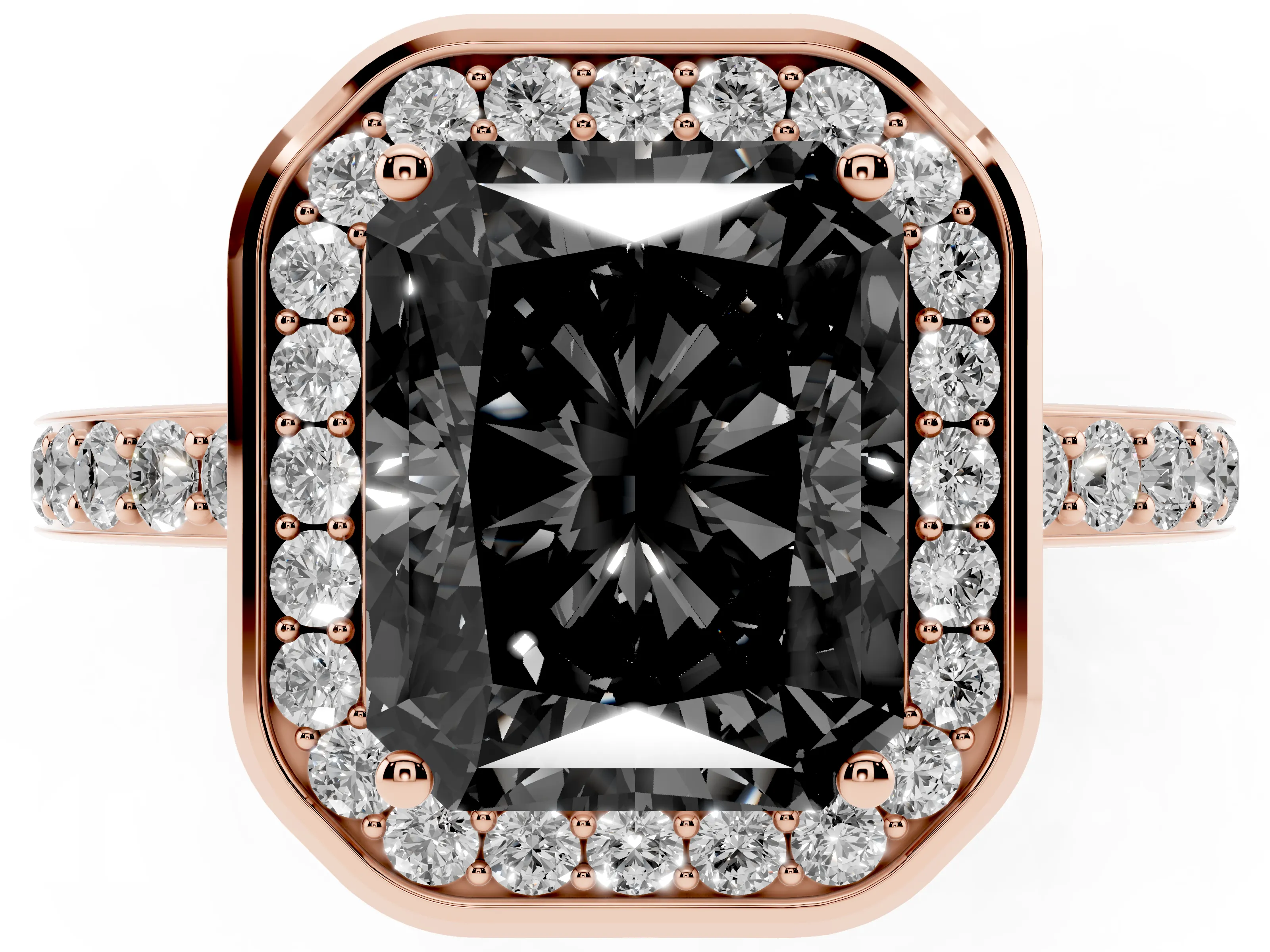 Fancy Black Radiant Cut Diamond Halo Ring Set in Rose gold with Bezel Frame and Pavé Band
