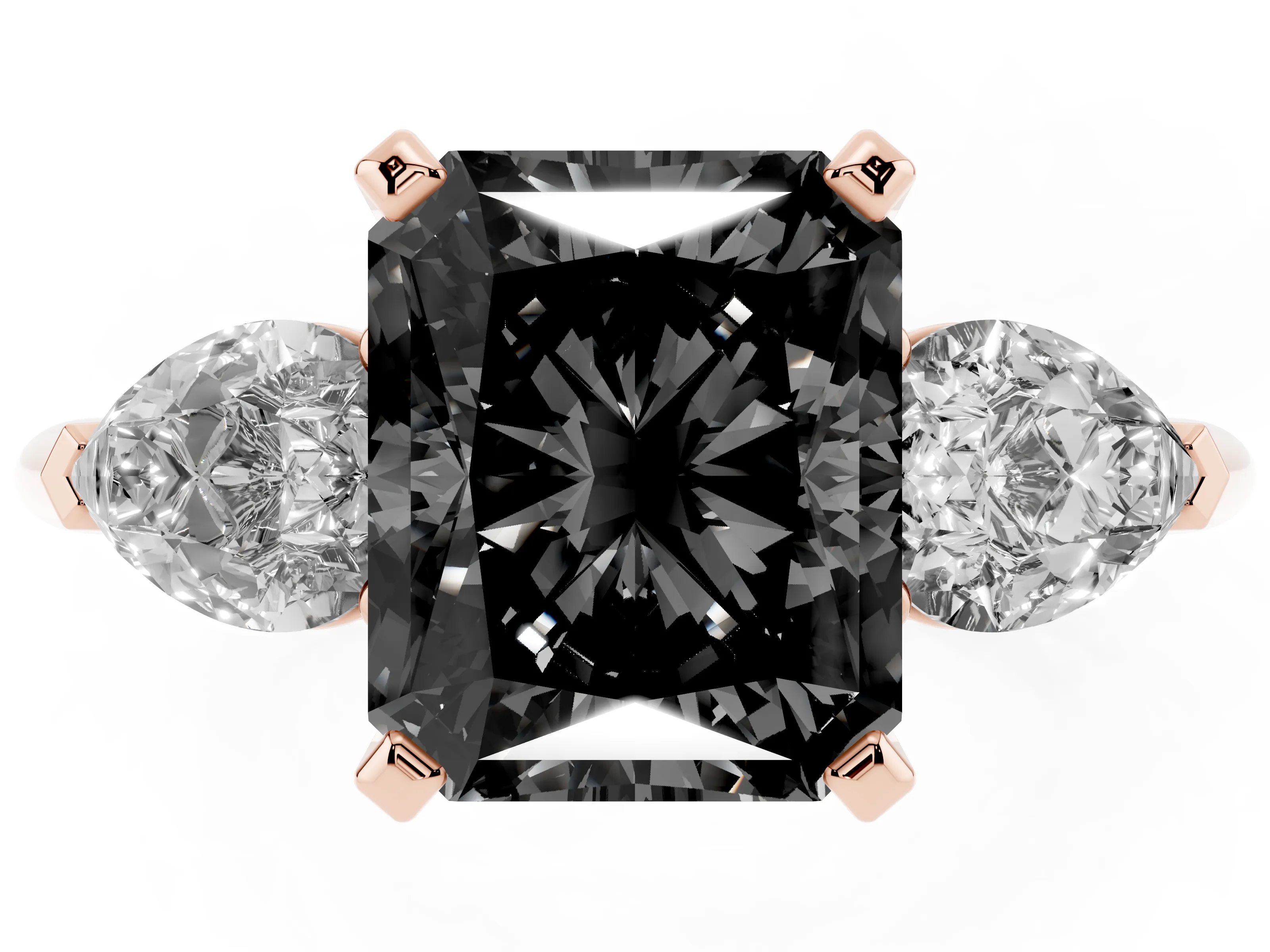 Fancy Black Three-Stone Radiant Cut Diamond Ring Set in Rose gold with Pear Side Stones and Prong Setting