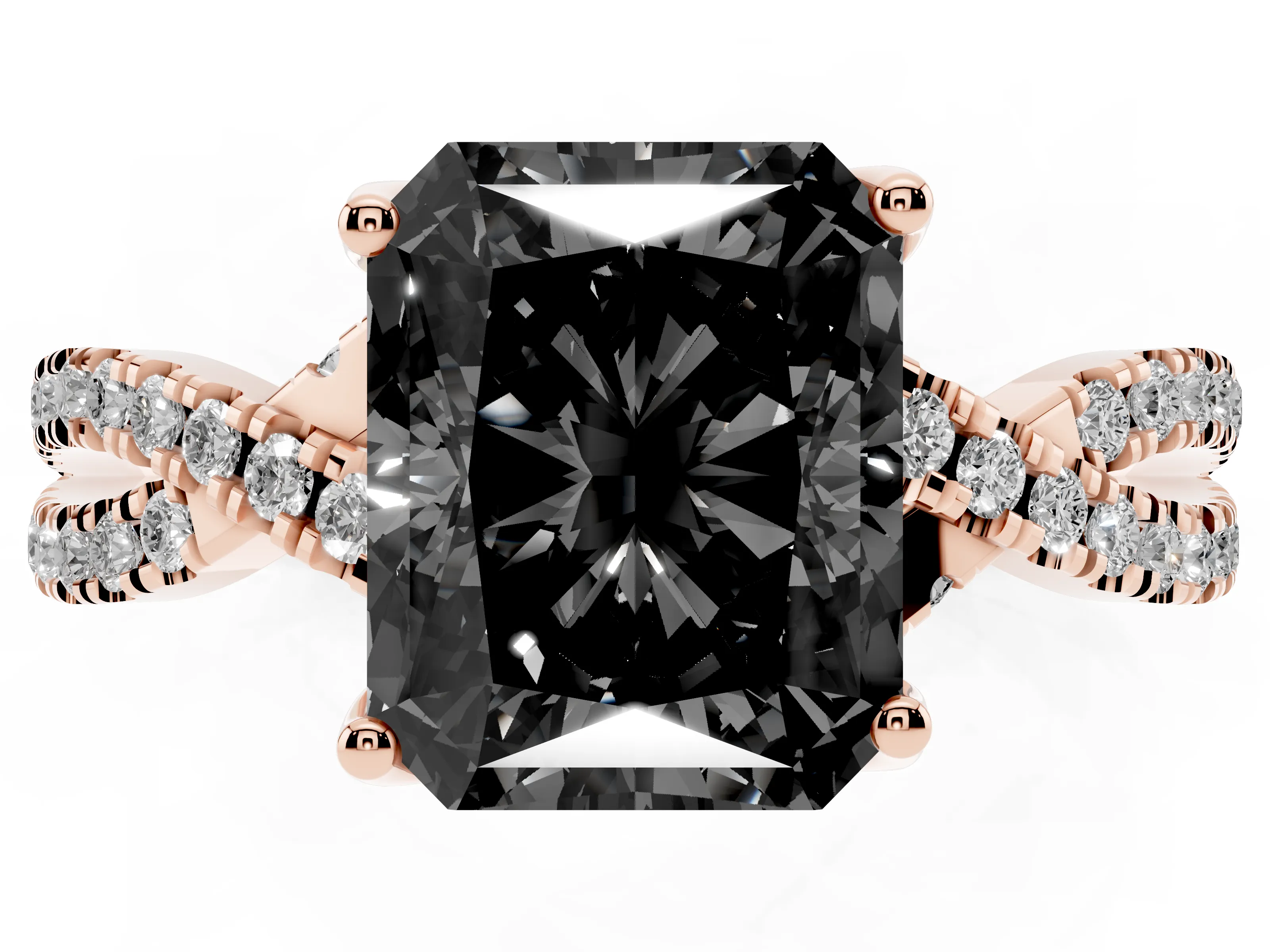 Fancy Black Radiant Cut Diamond Twist Pavé Solitaire Engagement Ring Set in Rose gold with Prong Setting