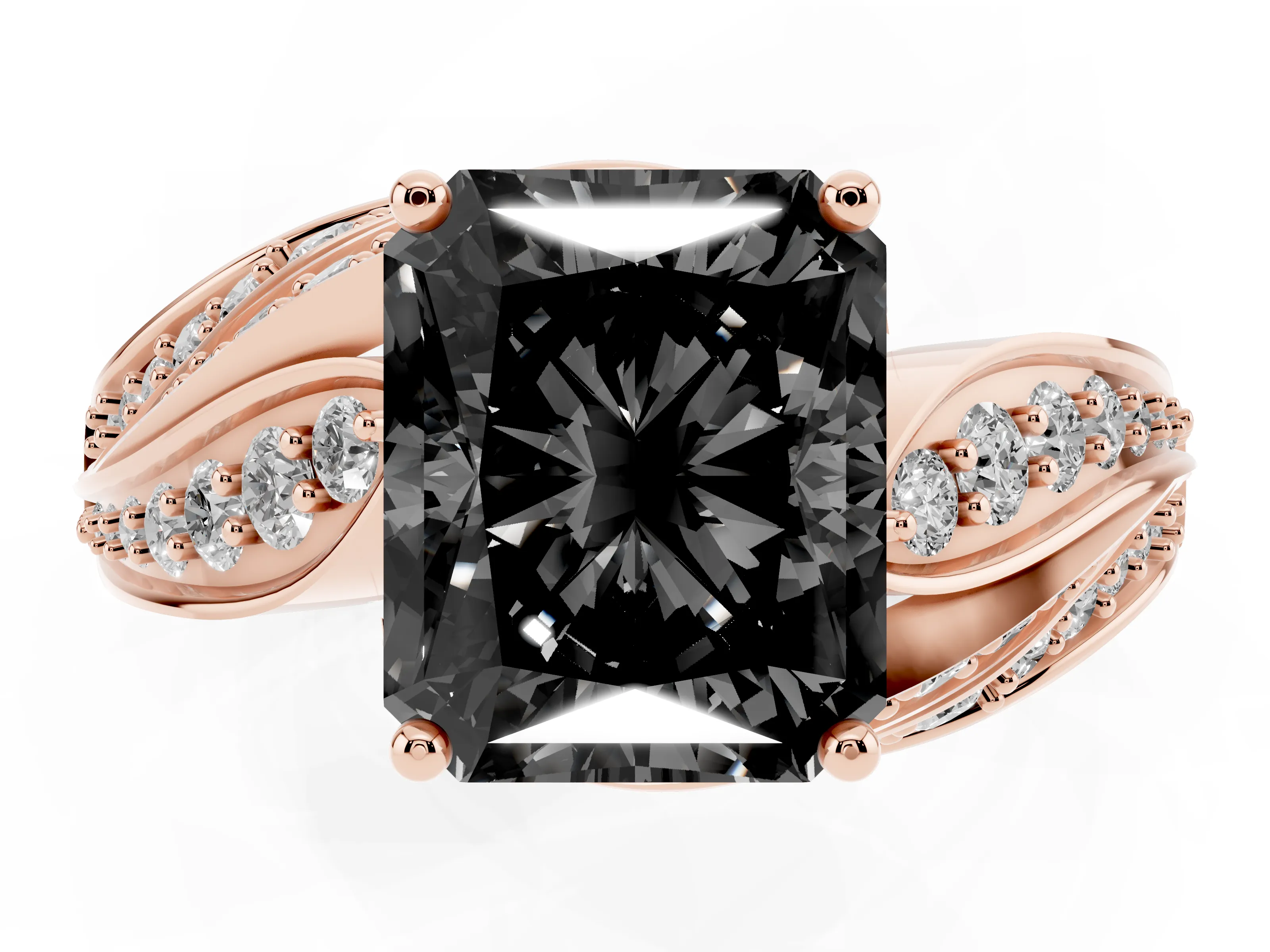 Fancy Black Radiant Cut Diamond Solitaire Ring Set in Rose gold with Layered Twist Pavé Band