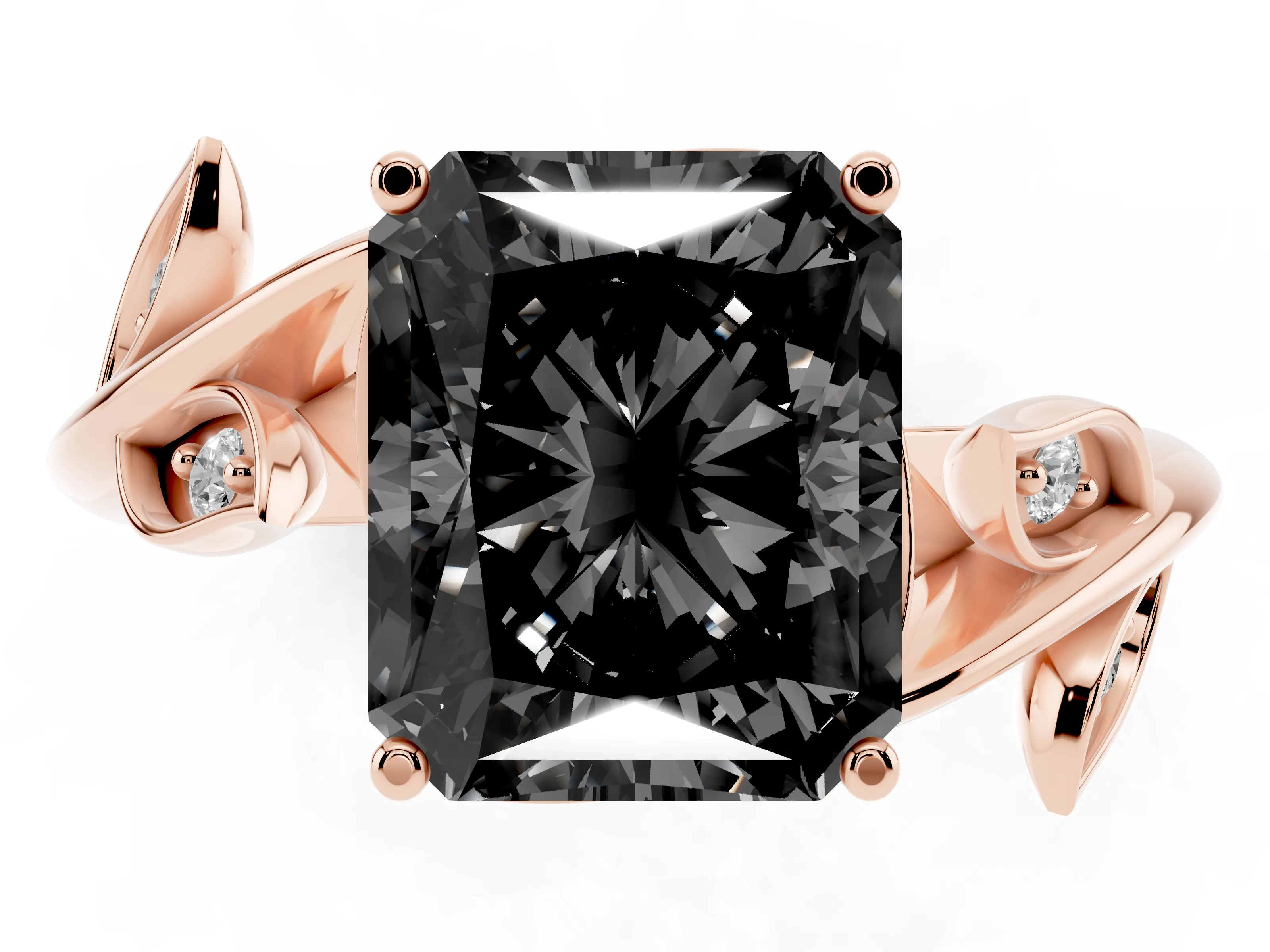 Fancy Black Radiant Cut Diamond Solitaire Twist Engagement Ring Set in Rose gold with Pavé Leaf Accents