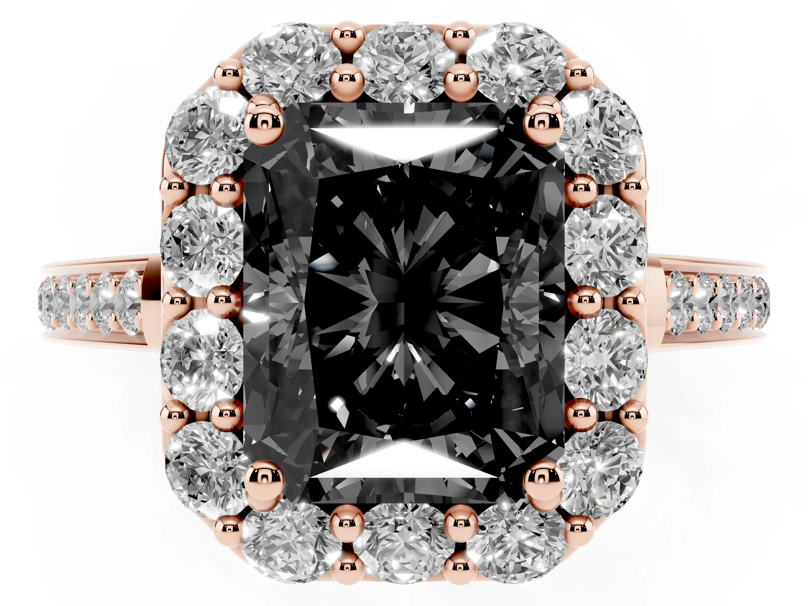Fancy Black Radiant Cut Diamond Floral Halo Ring Set in Rose gold with Pavé Band and Prong Setting
