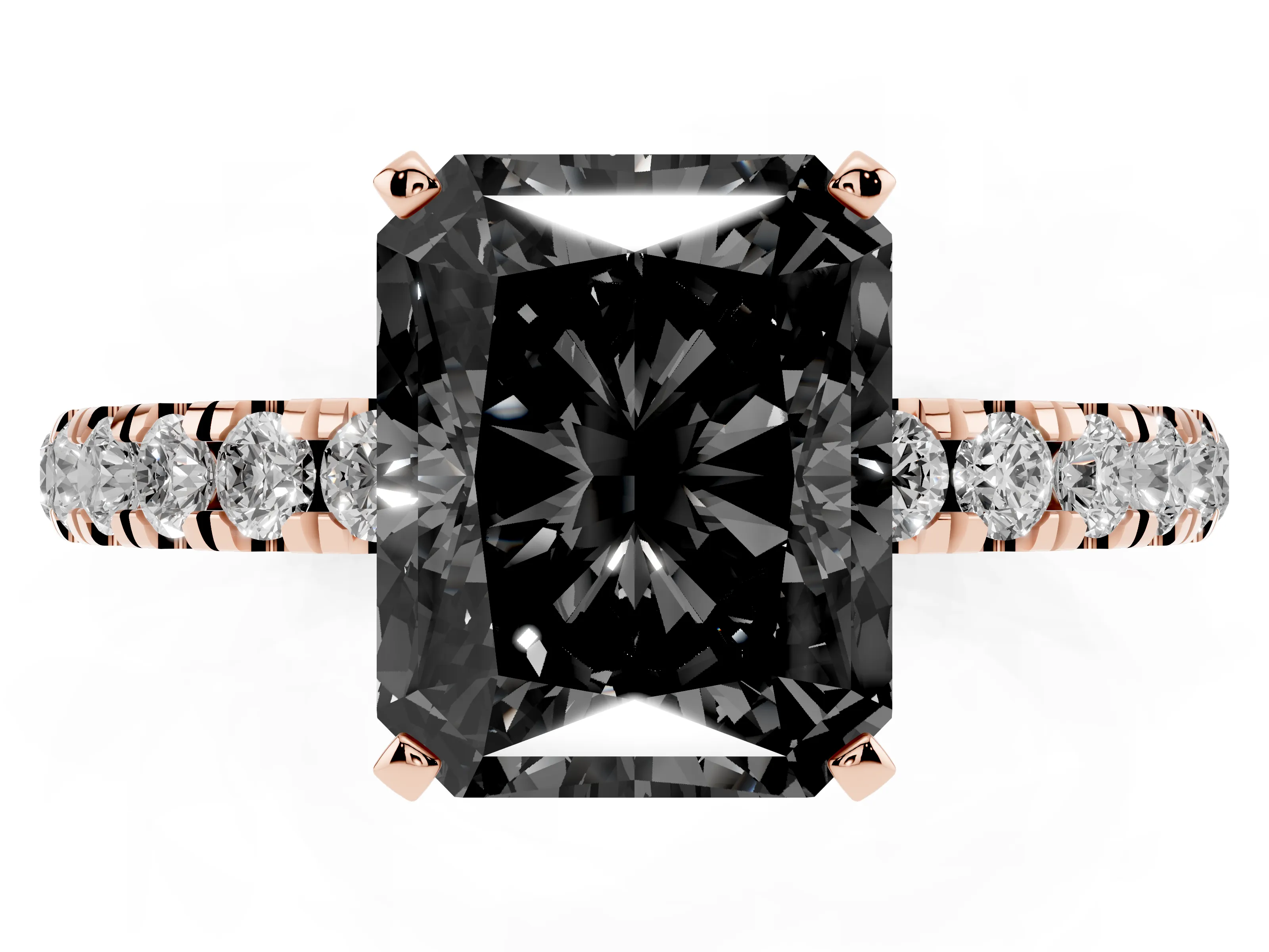 Fancy Black Radiant Cut Diamond Solitaire Ring Set in Rose gold with Pavé Accents and Prong Setting