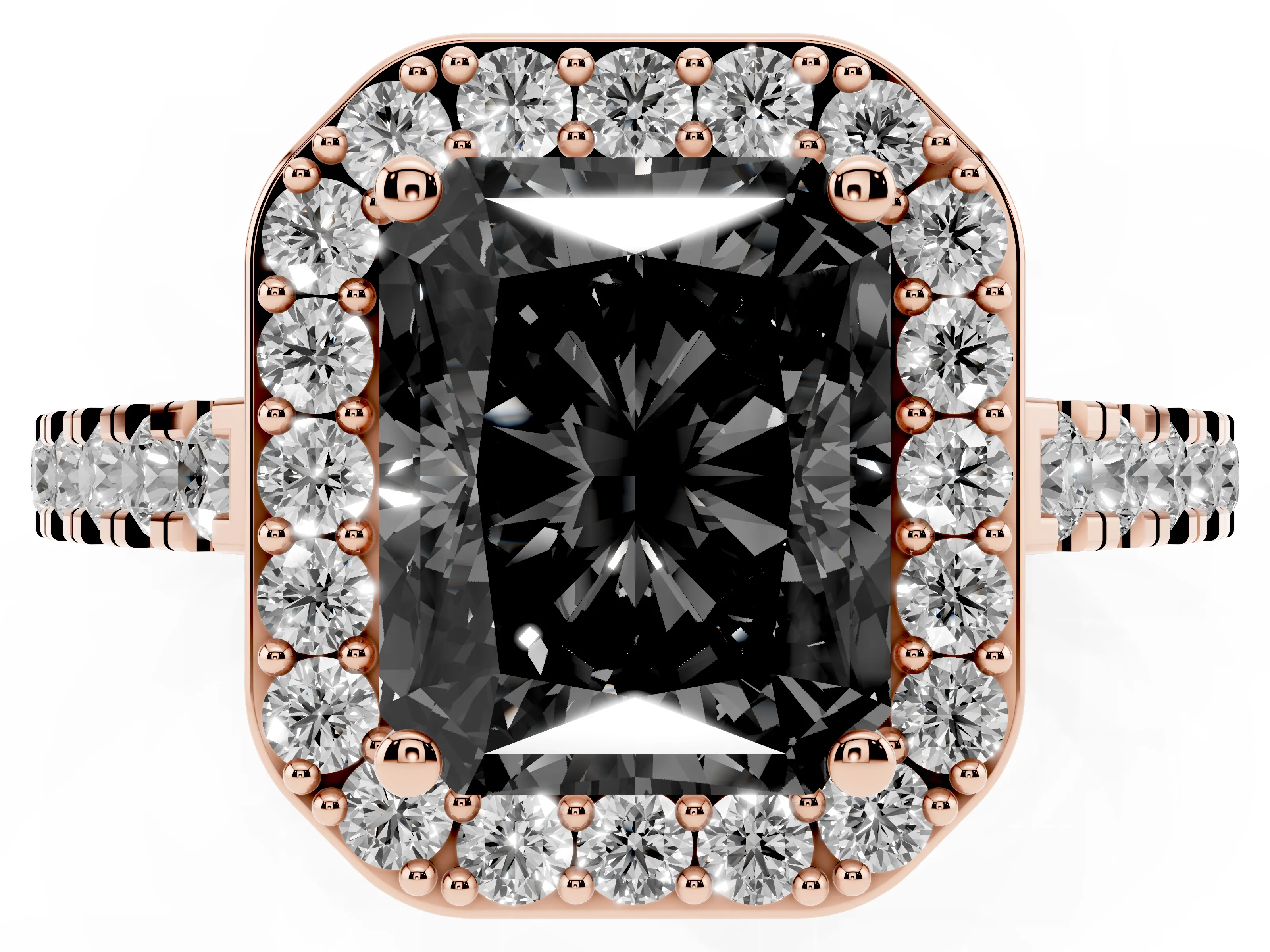 Fancy Black Radiant Cut Diamond Halo Ring Set in Rose gold with Round Pavé Split Shank and Prong Setting