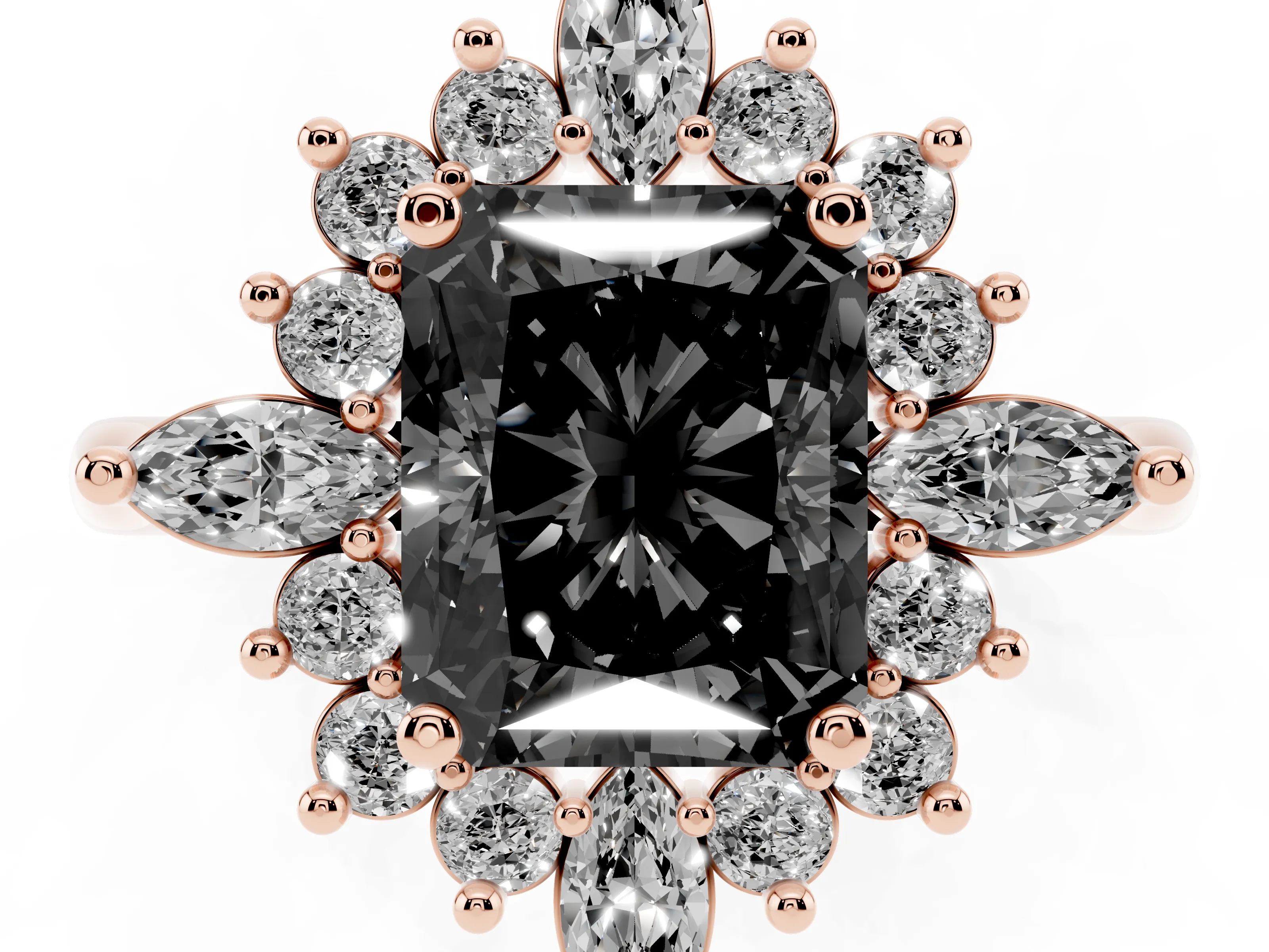 Fancy Black Radiant Cut Diamond Cluster Halo Ring Set in Rose gold with Marquise and Round Accents