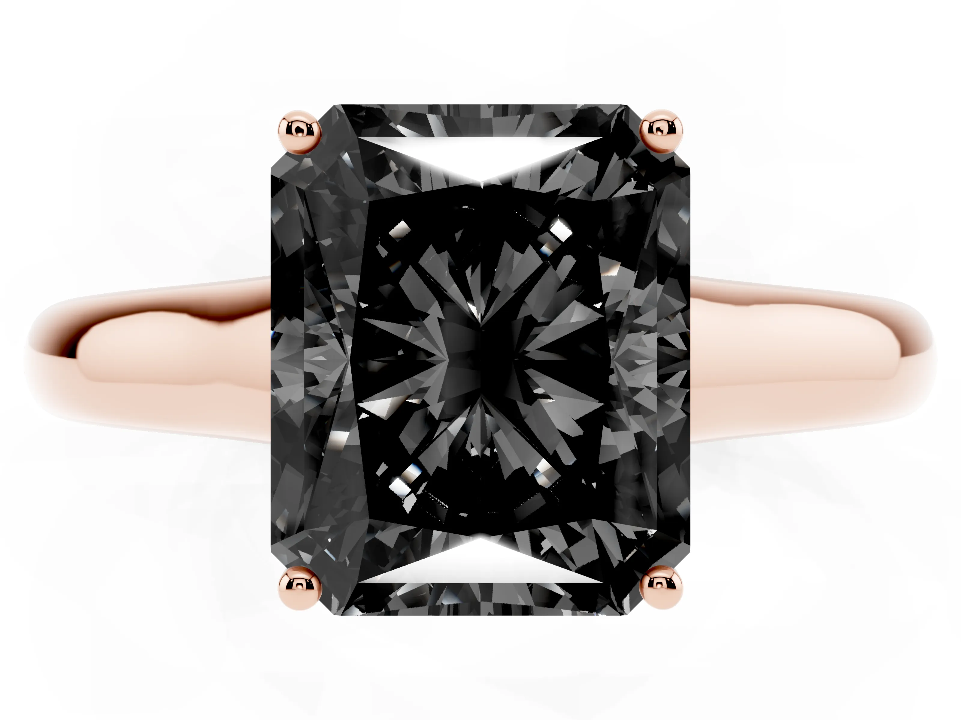 Fancy Black Radiant Cut Diamond Solitaire Engagement Ring Set in Rose gold with Subtly Tapered Band and Prong Setting