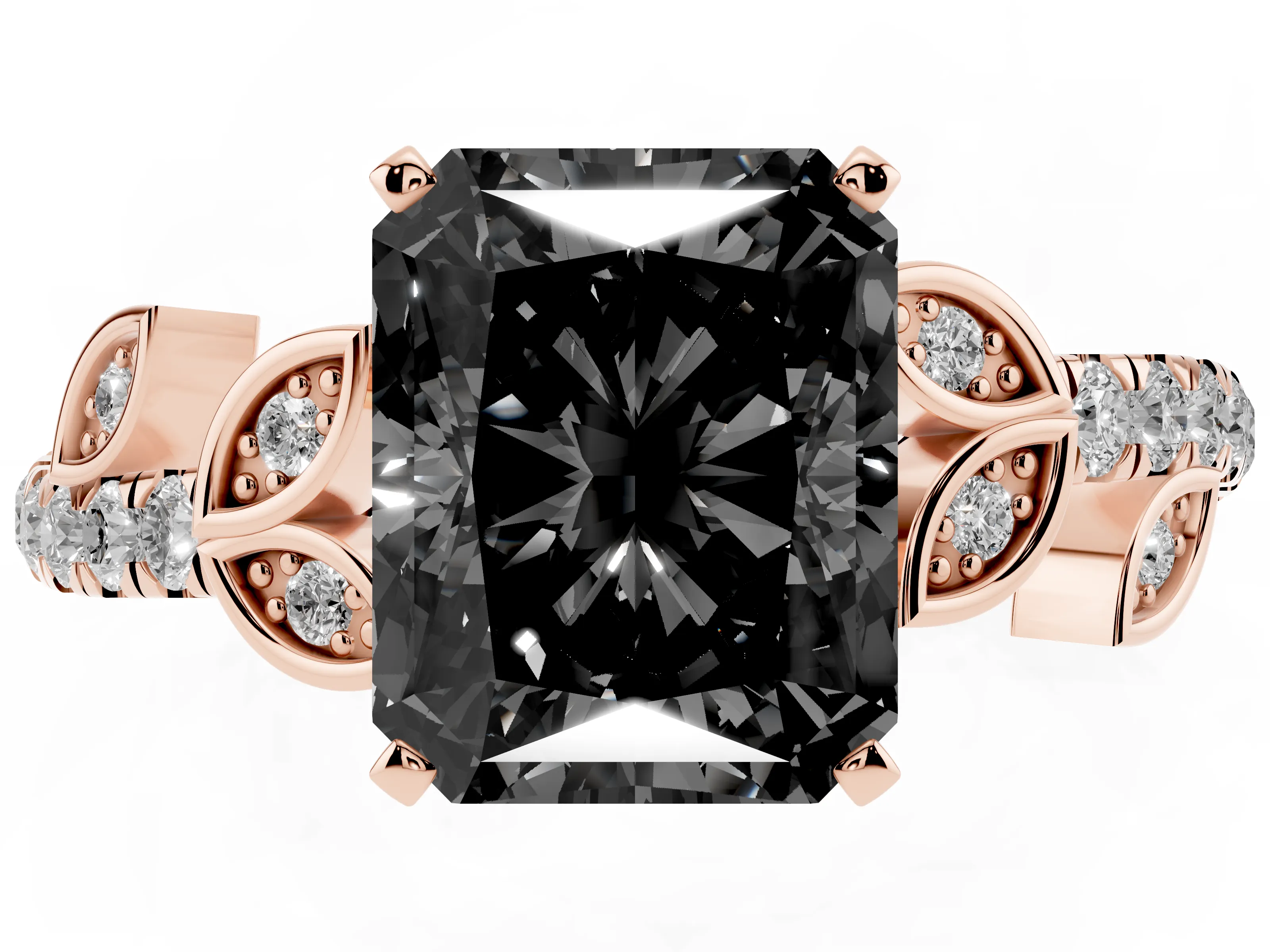Fancy Black Radiant Cut Diamond Solitaire Leaf-Inspired Ring Set in Rose gold with Pavé Band and Prong Setting
