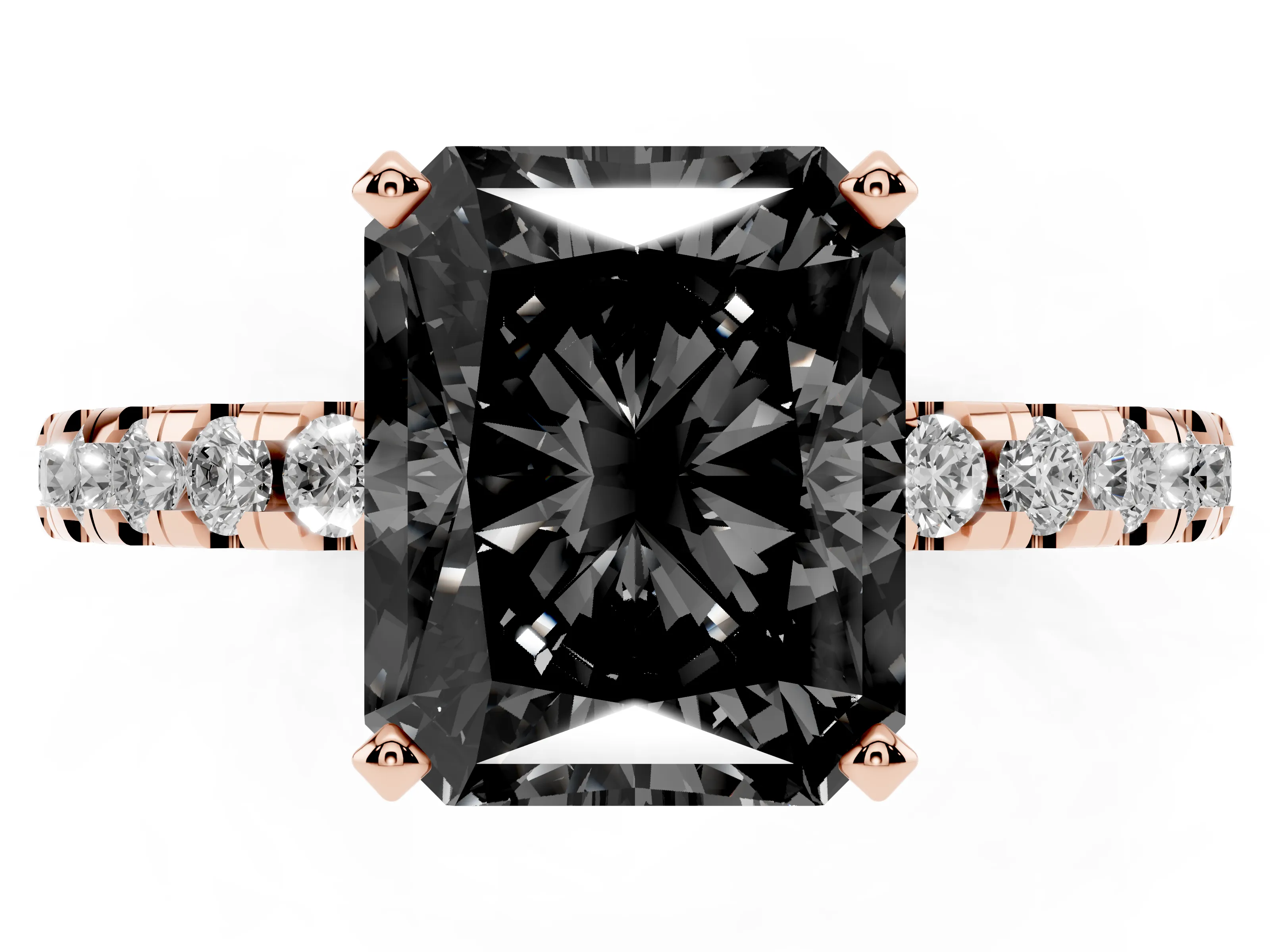 Fancy Black Radiant Cut Diamond Pavé Solitaire Ring Set in Rose gold with Round Band Accents and Prong Setting