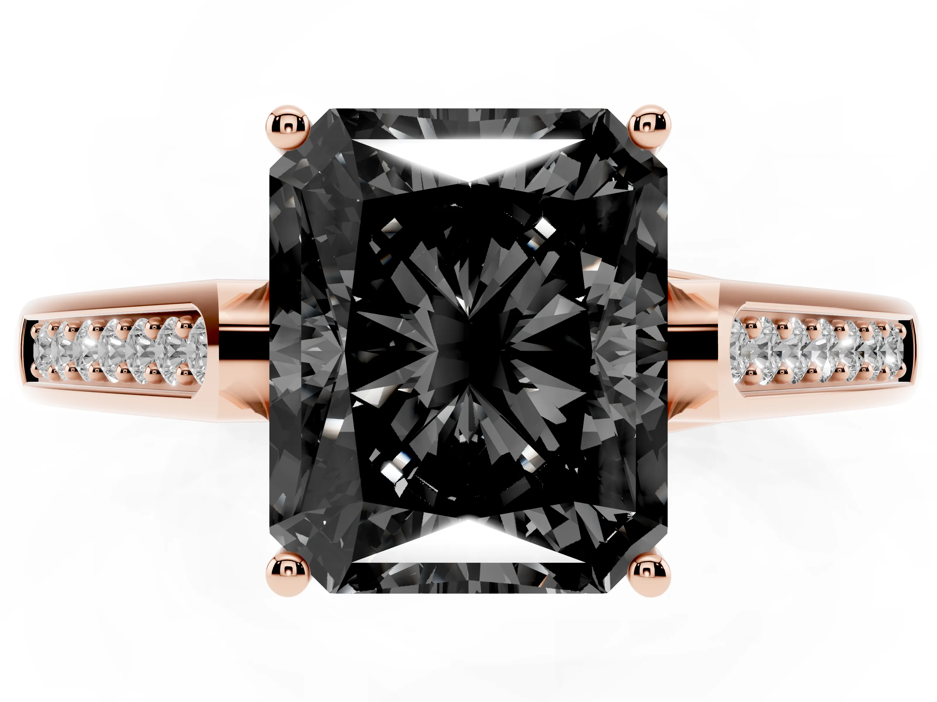 Fancy Black Radiant Cut Diamond Solitaire Cathedral Engagement Ring Set in Rose gold with Channel-Set Band and Prong Setting