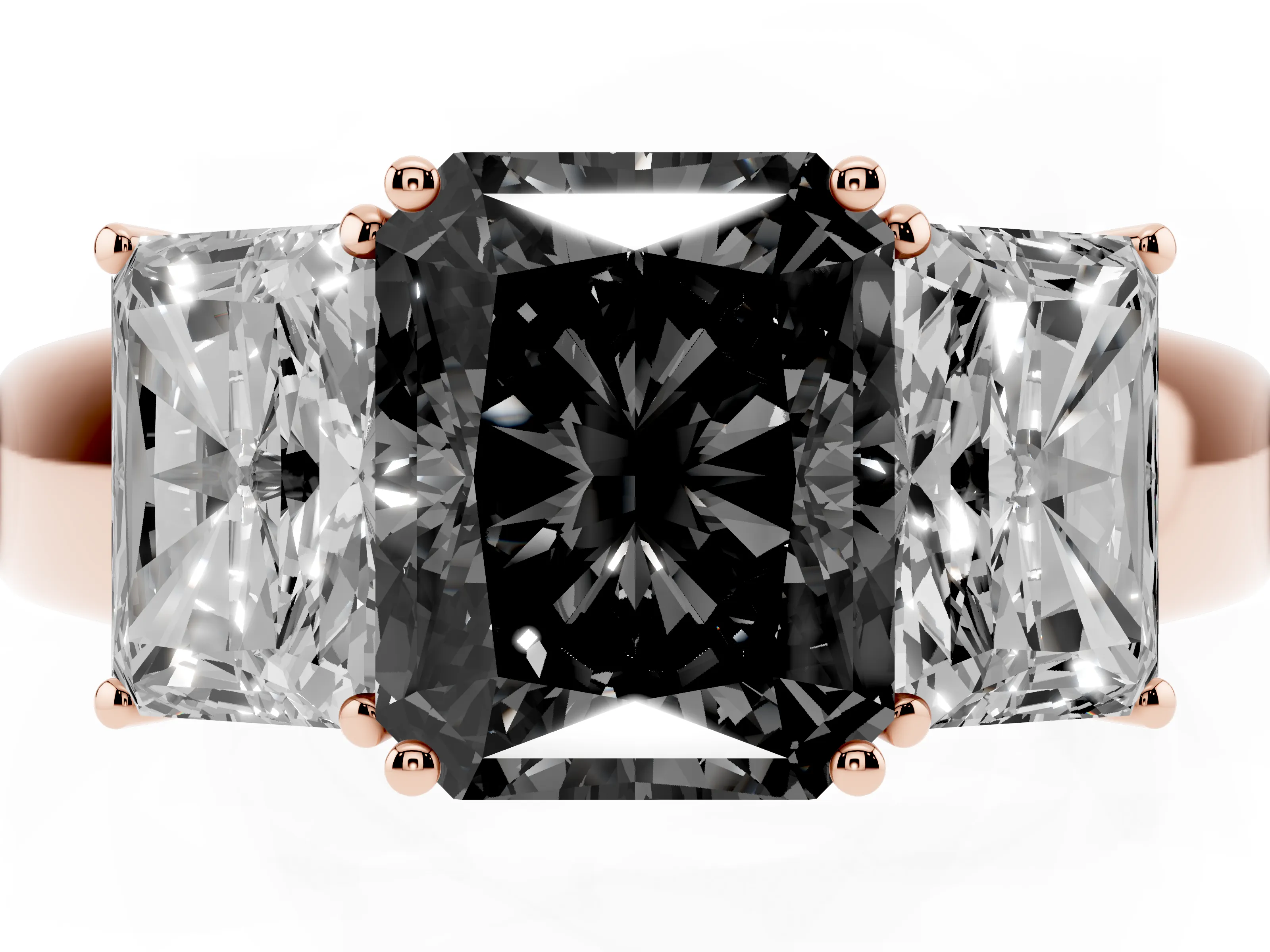 Fancy Black Three-Stone Radiant Cut Diamond Ring Set in Rose gold with Matching Prong Settings and Plain Band