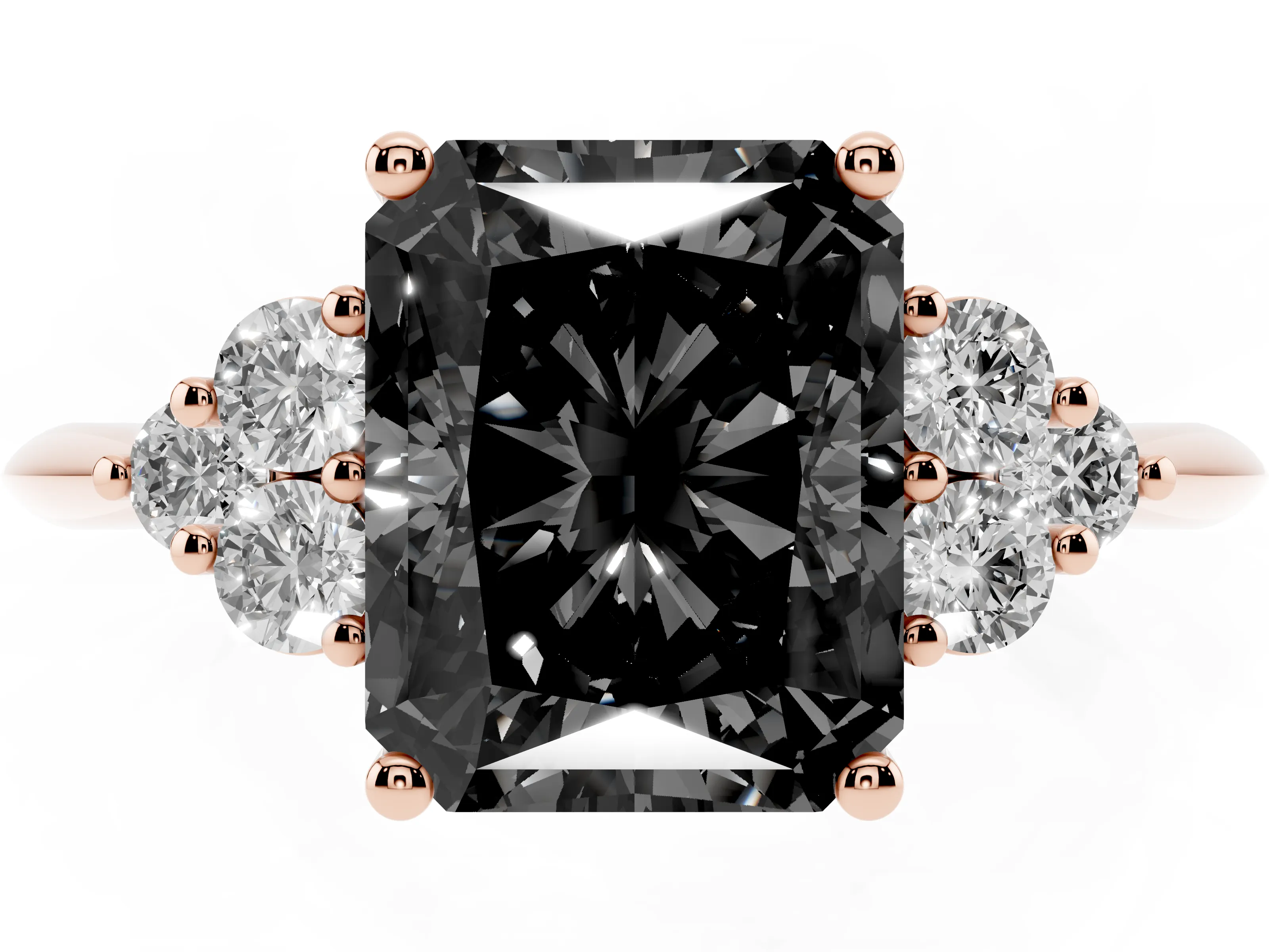 Fancy Black Radiant Cut Diamond Cluster Ring Set in Rose gold with Plain Band and Prong Setting