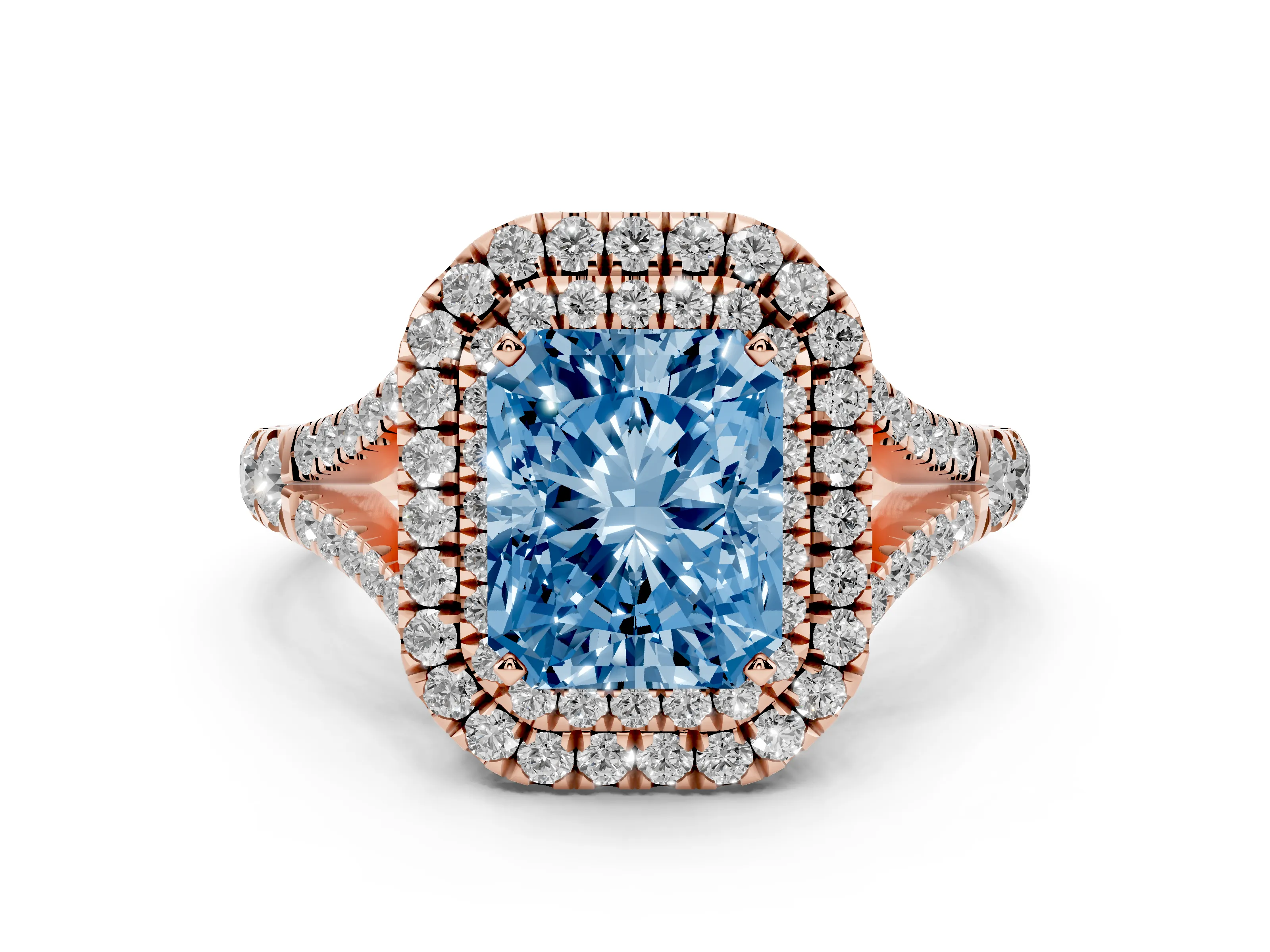 Fancy Blue Radiant Cut Diamond Pavé Split Shank Double Halo Engagement Ring Set in Rose gold