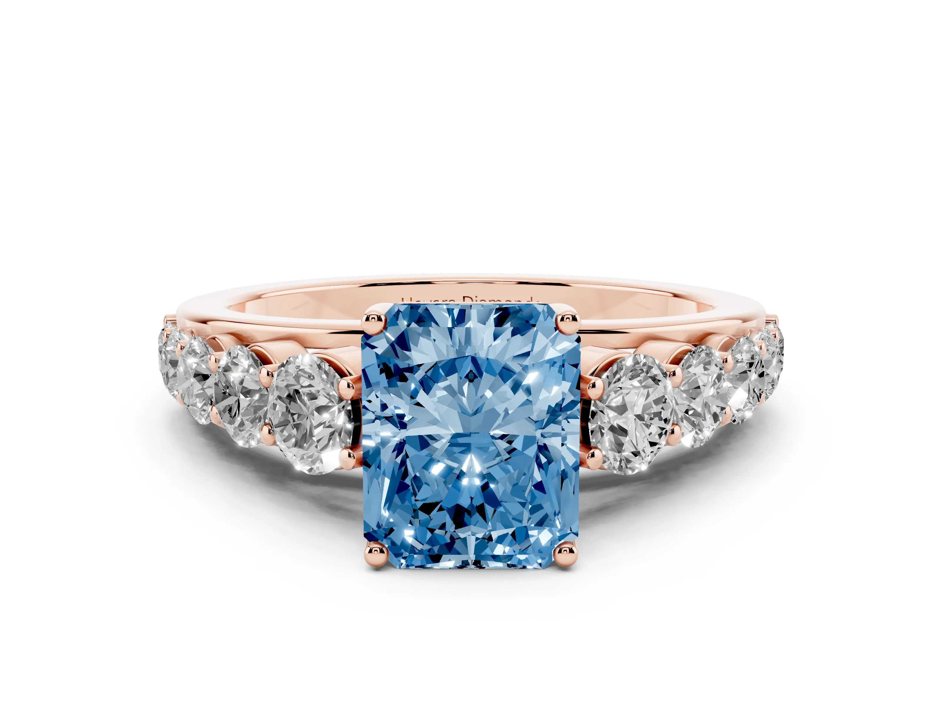 Fancy Blue Radiant Cut Diamond Solitaire Ring Set in Rose gold with Pavé-Set Band and Prong Setting