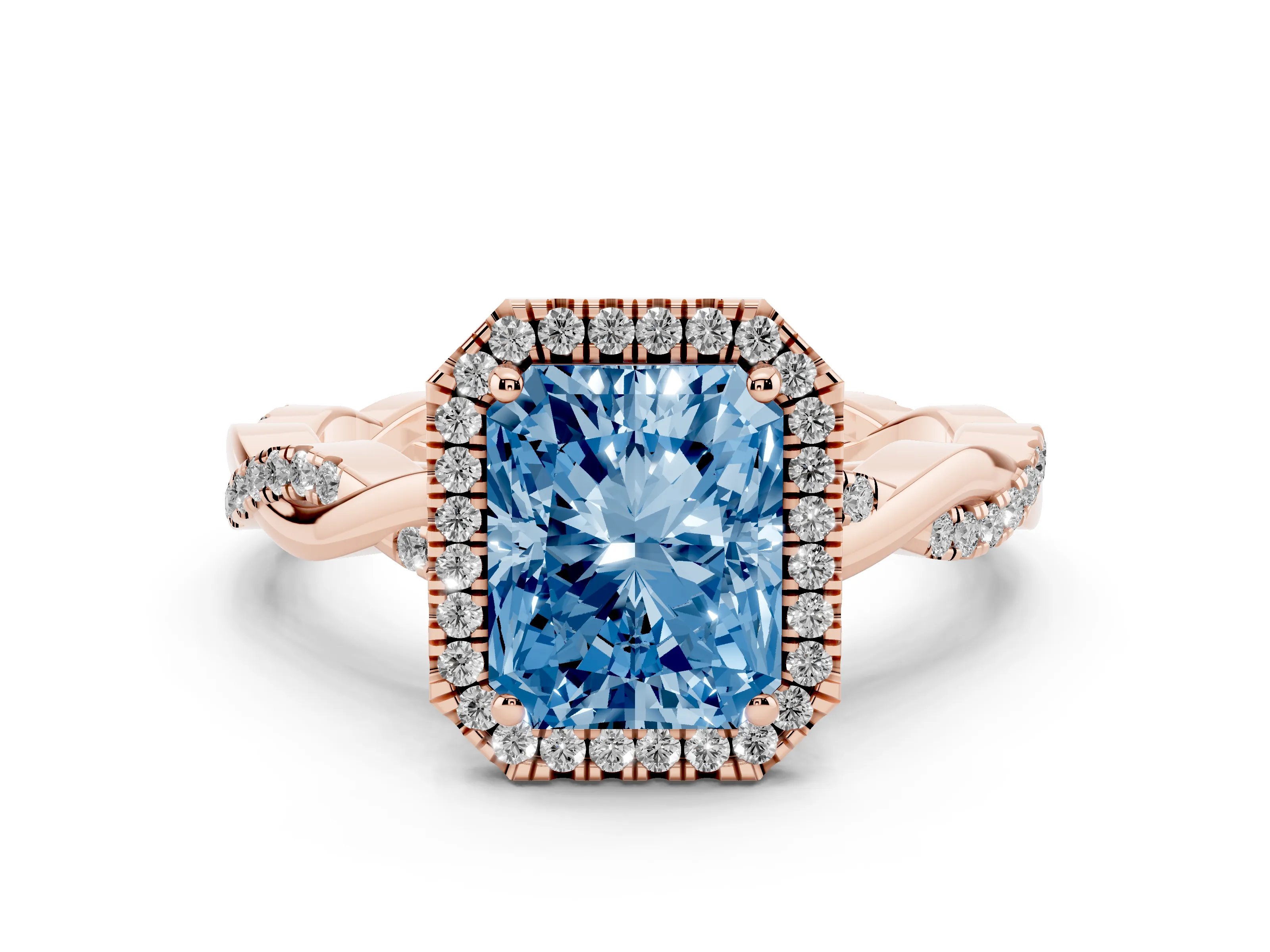 Fancy Blue Radiant Cut Diamond Halo Twisted Band Ring Set in Rose gold with Prong Setting