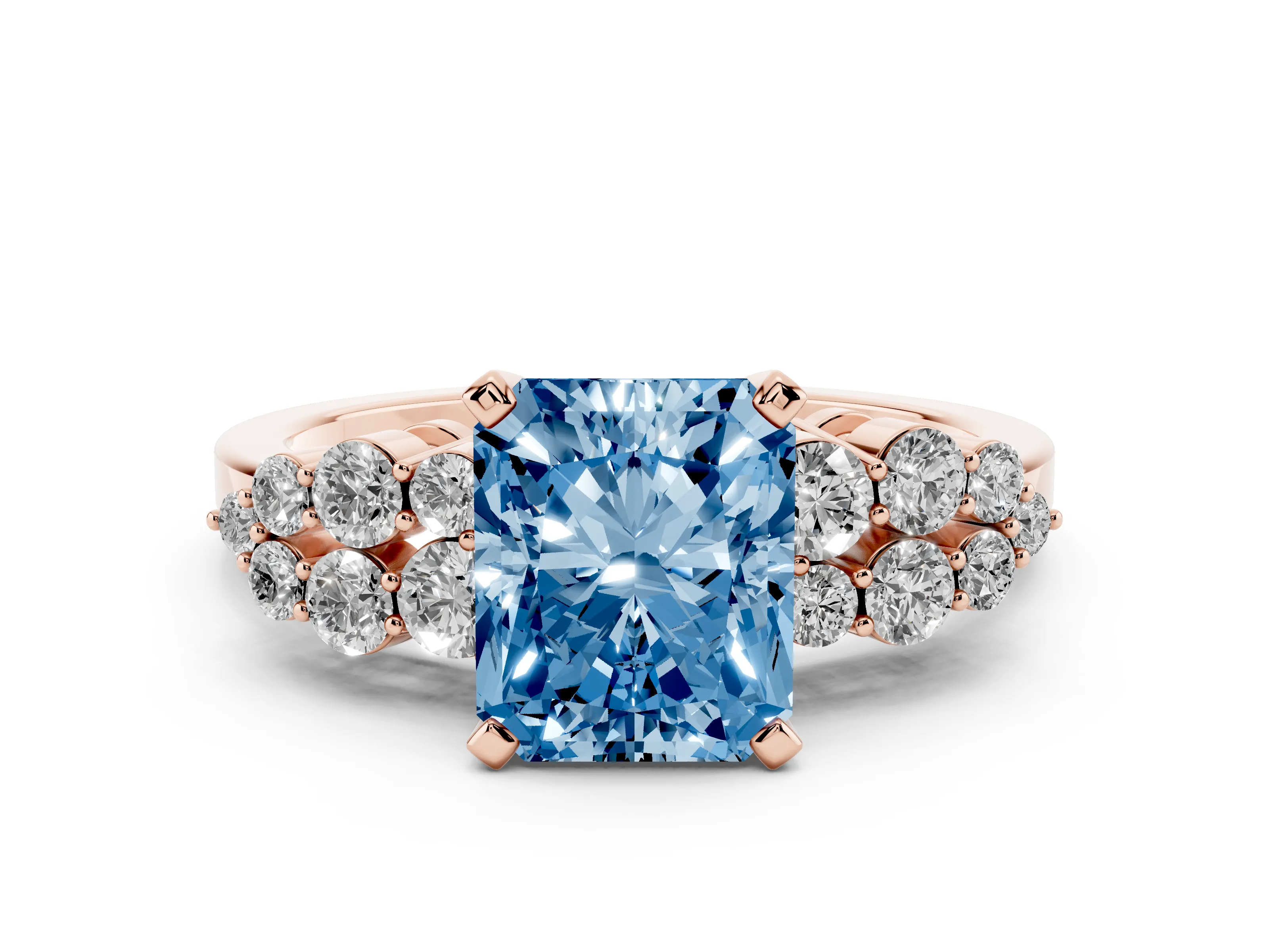 Fancy Blue Radiant Cut Diamond Cluster Engagement Ring Set in Rose gold with Pavé Band and Prong Setting