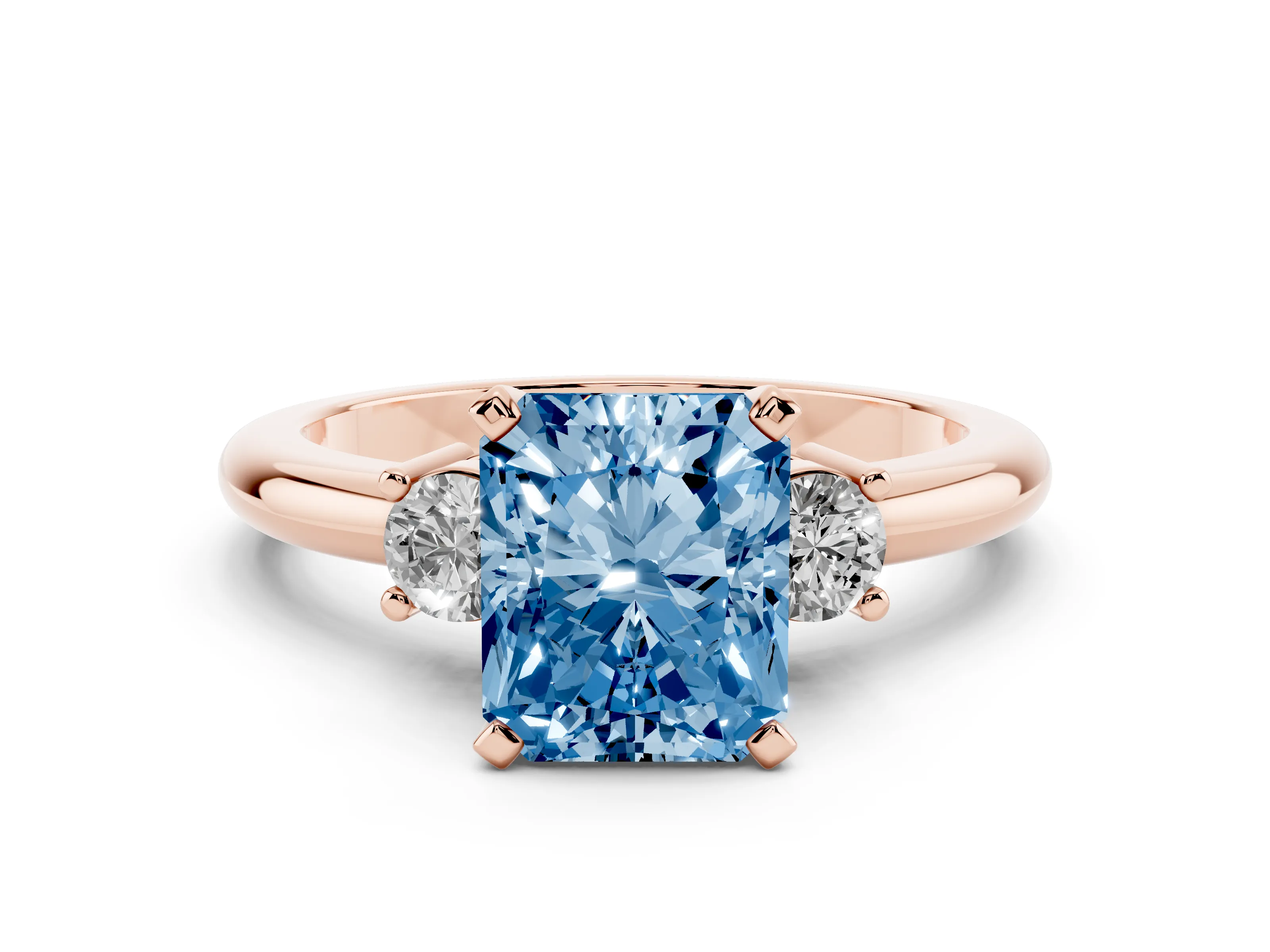 Fancy Blue Three-Stone Radiant Cut Diamond Ring Set in Rose gold with Prong Setting and Plain Band