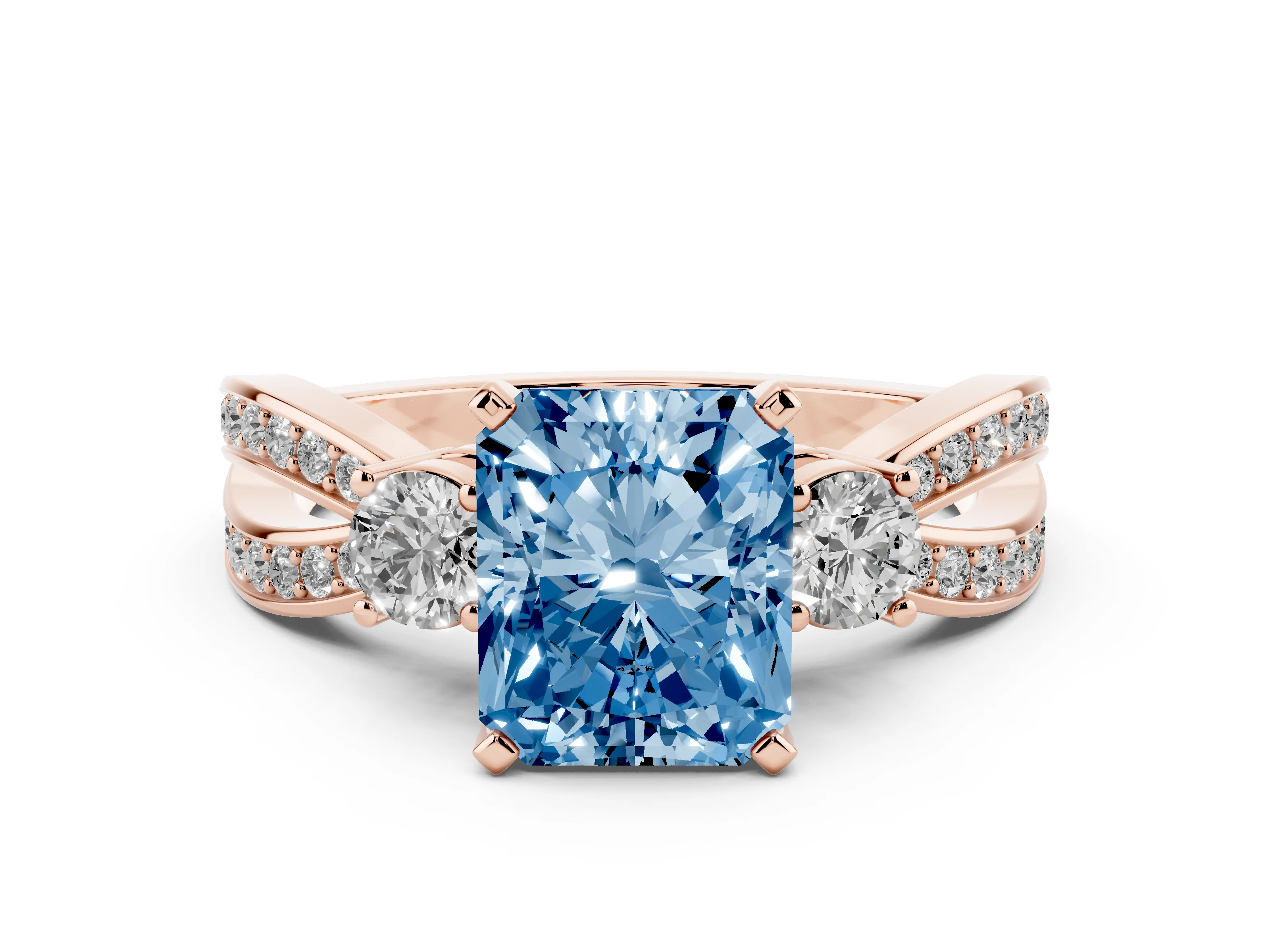 Fancy Blue Three-Stone Radiant Cut Diamond Twist Band Ring Set in Rose gold with Pavé Accents and Prong Setting