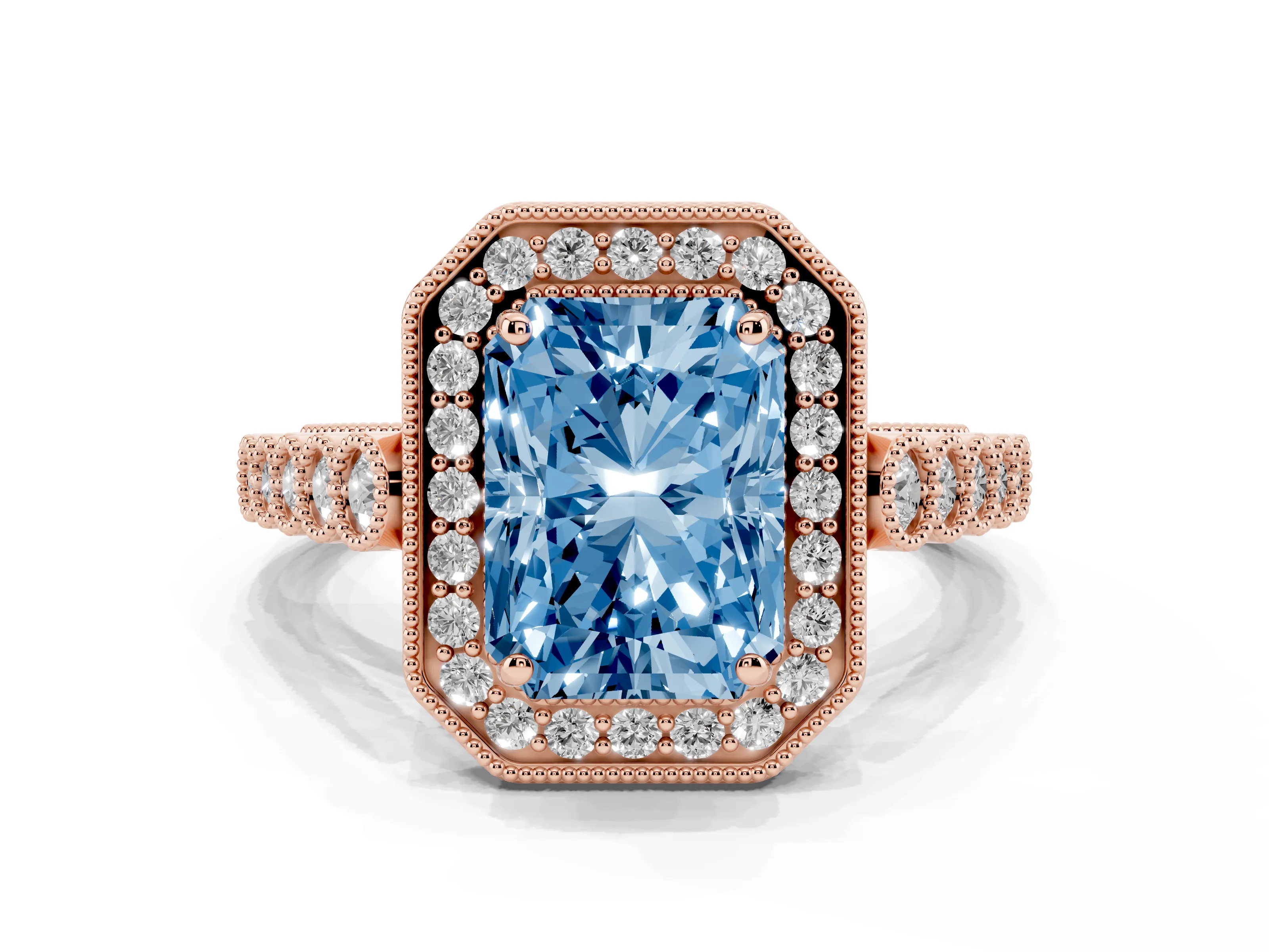 Fancy Blue Radiant Cut Diamond Milgrain Halo Solitaire Ring Set in Rose gold with Bezel Set Side Stones and Pavé Band
