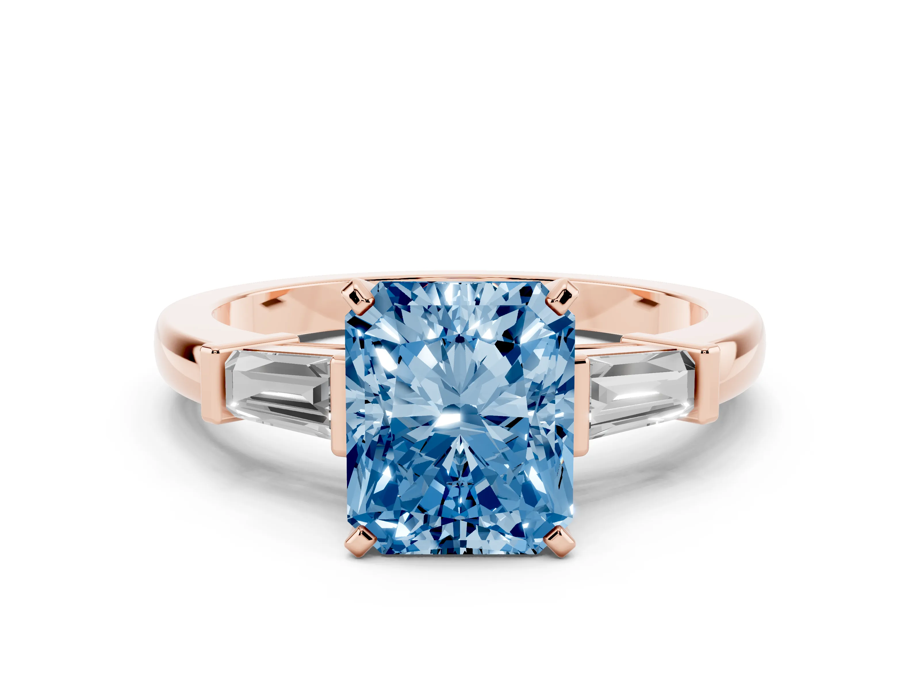 Fancy Blue Radiant Cut Diamond Solitaire Ring Set in Rose gold with Tapered Baguette Accents and Prong Setting