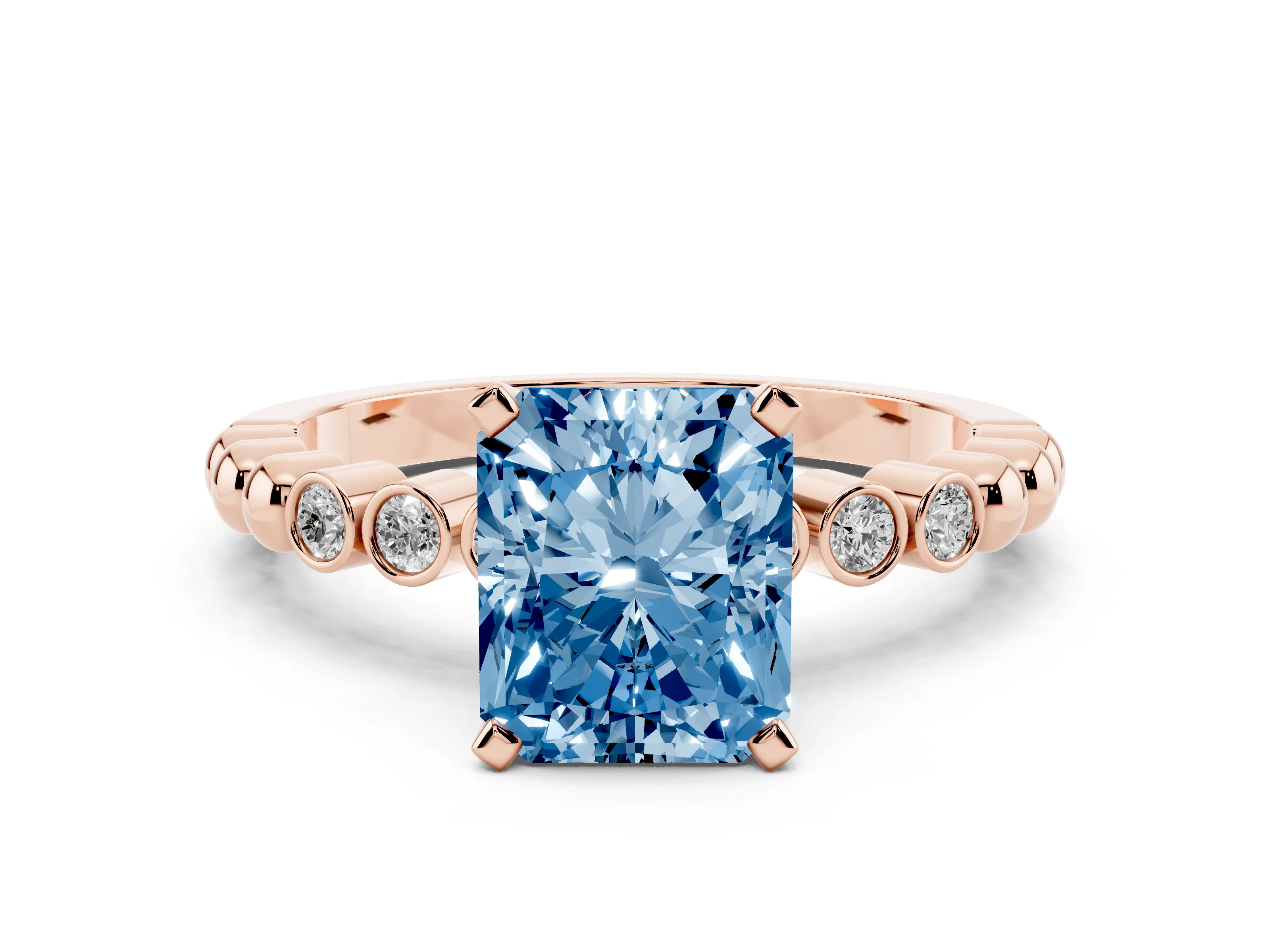 Fancy Blue Radiant Cut Diamond Solitaire Engagement Ring Set in Rose gold with Bezel Accents on Beaded Band