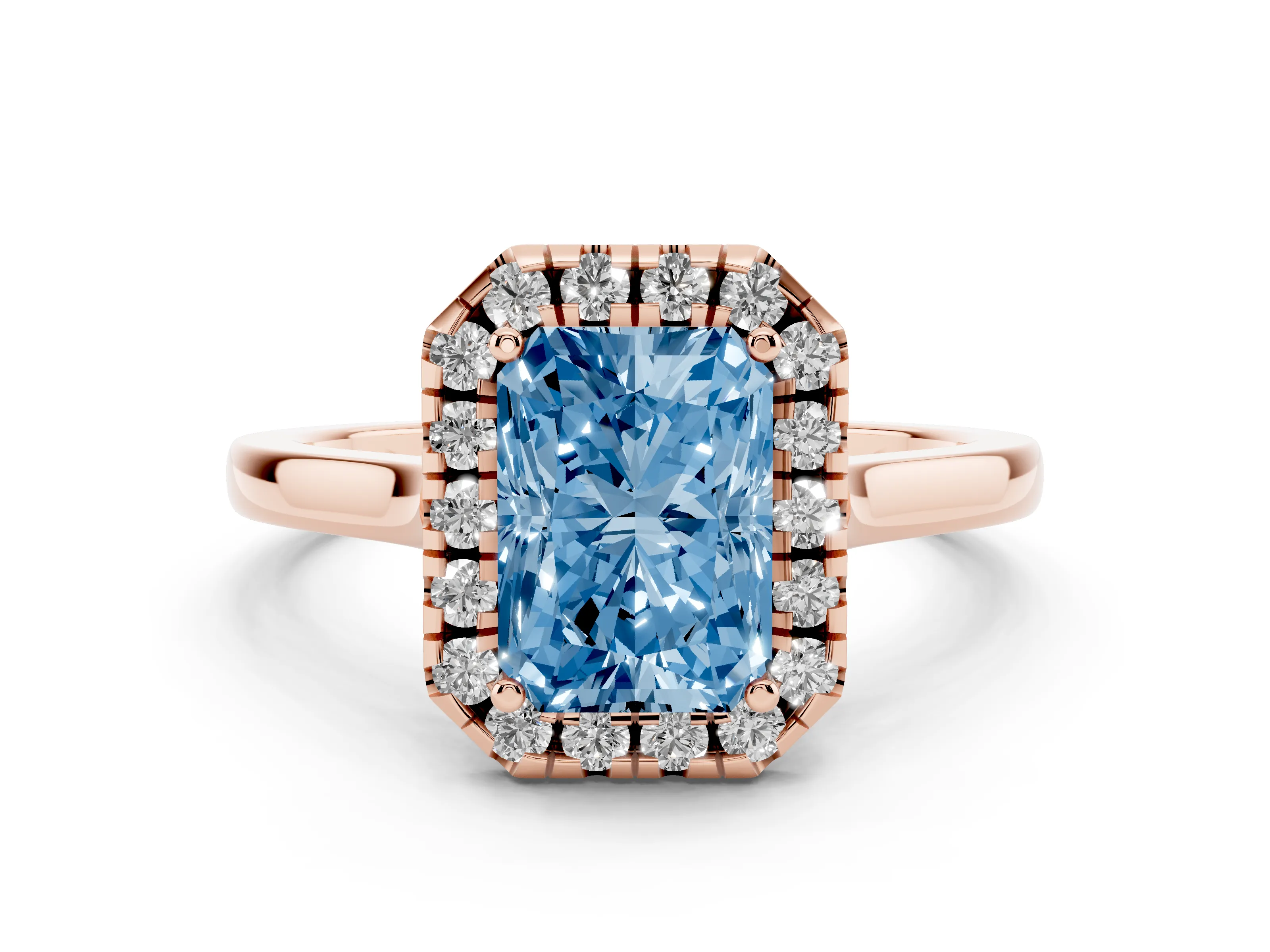 Fancy Blue Radiant Cut Halo Round Diamond Solitaire Ring Set in Rose gold with Pavé Band and Prong Setting