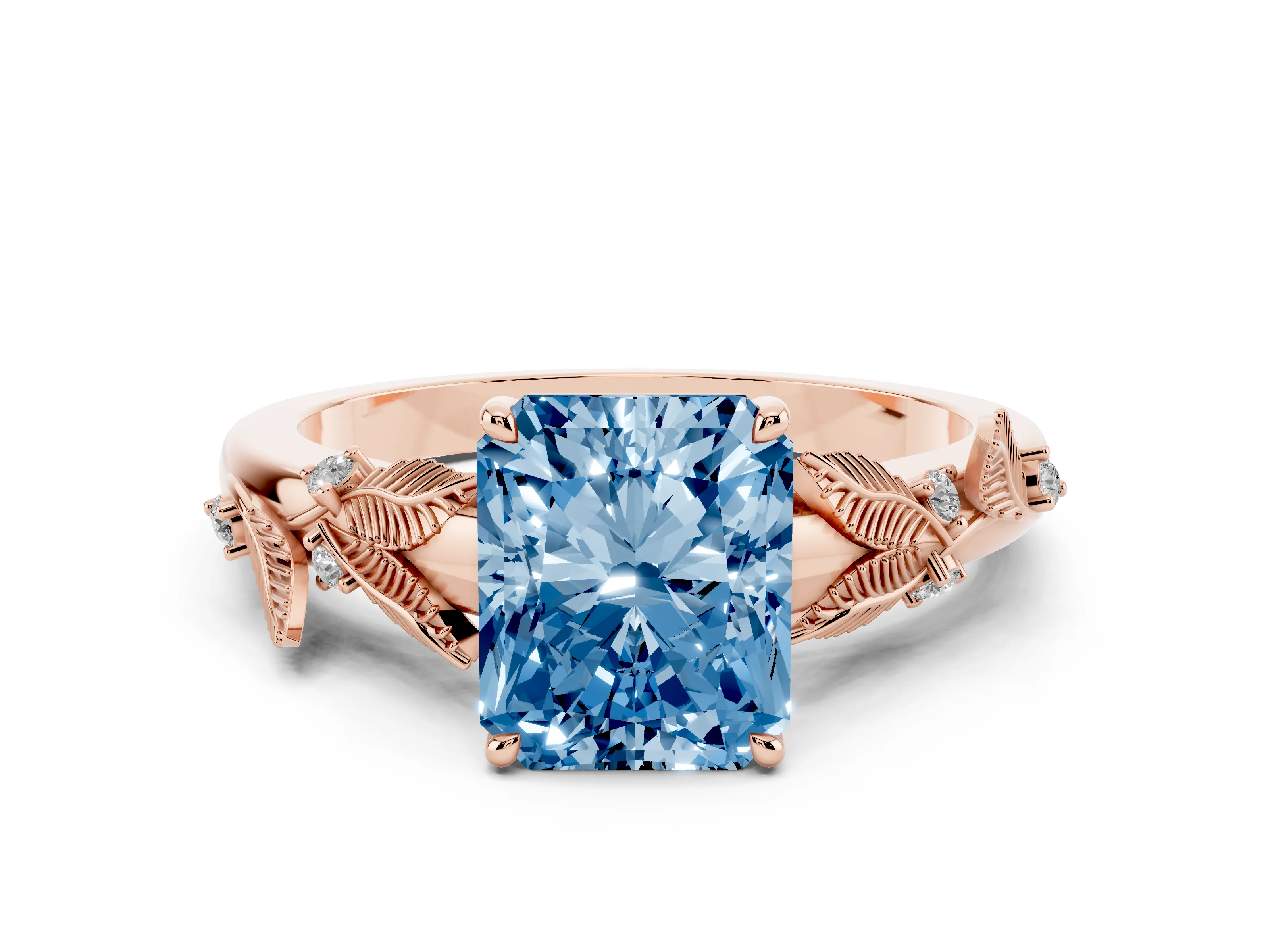 Fancy Blue Radiant Cut Diamond Solitaire Ring Set in Rose gold with Leaf Motif Band