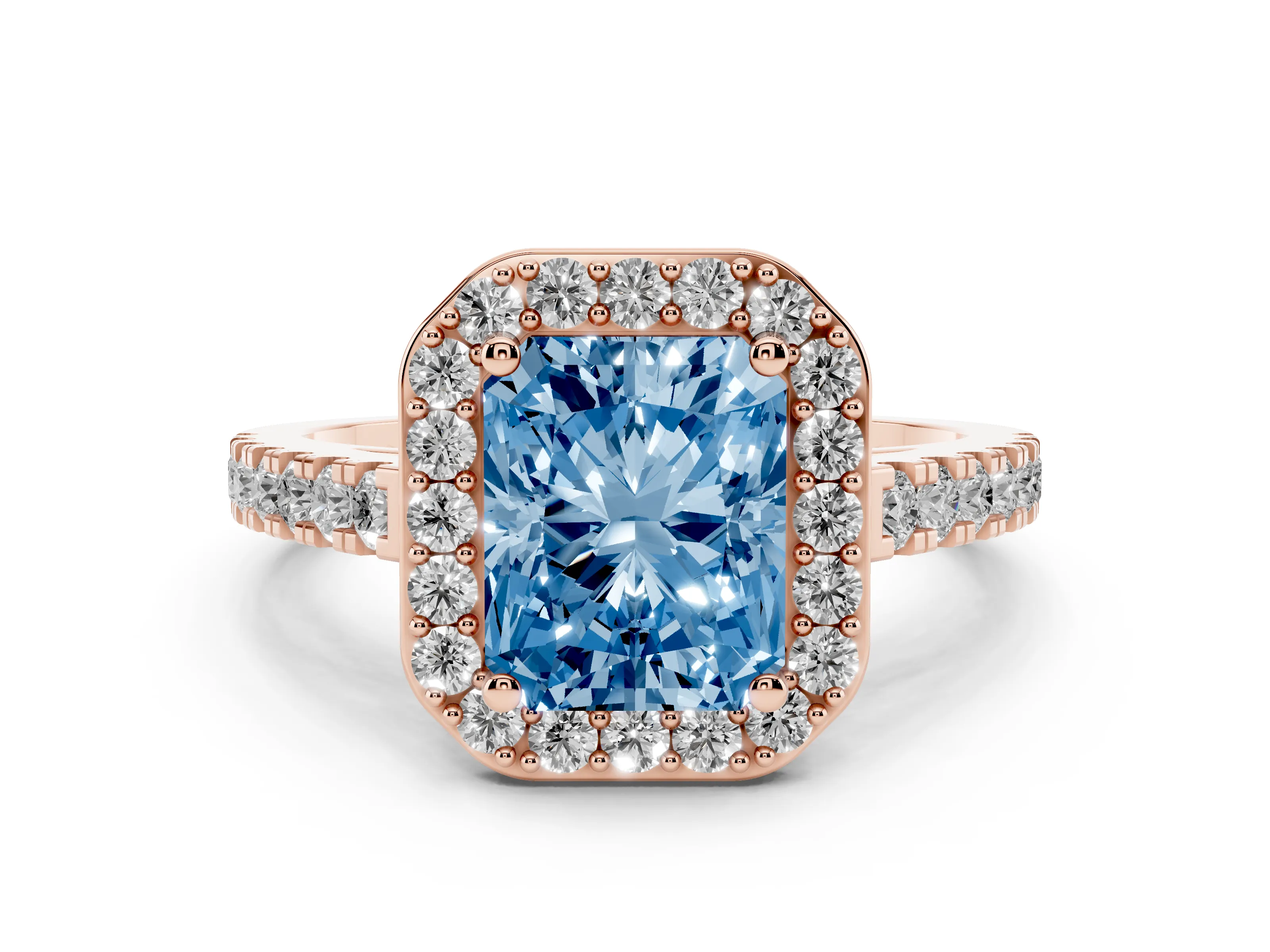 Fancy Blue Radiant Cut Diamond Halo Ring Set in Rose gold with Round Pavé Split Shank and Prong Setting