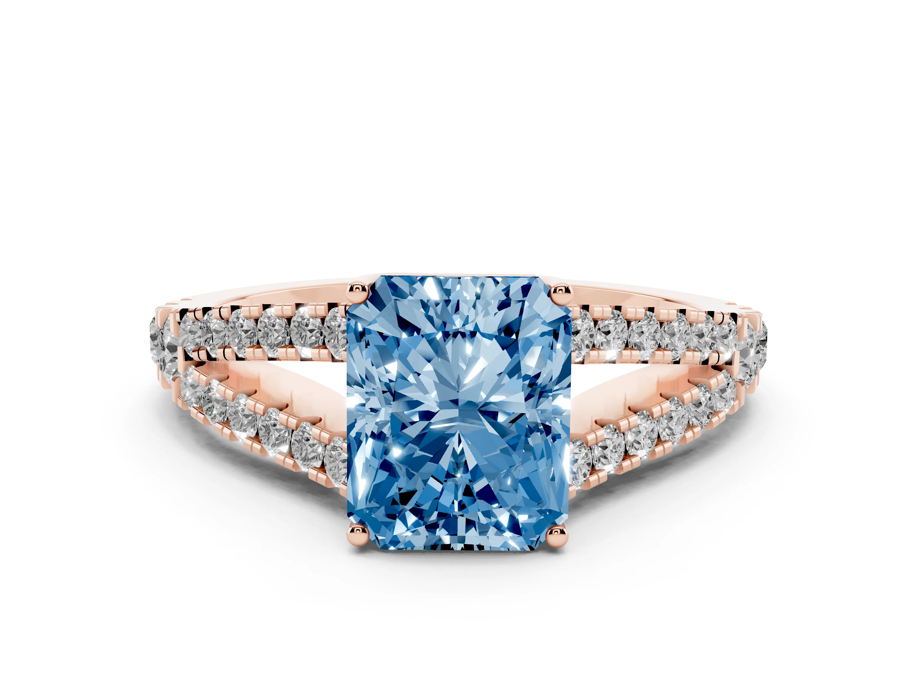 Fancy Blue Radiant Cut Diamond Split Shank Pavé Engagement Ring Set in Rose gold with Prong-Held Center Stone