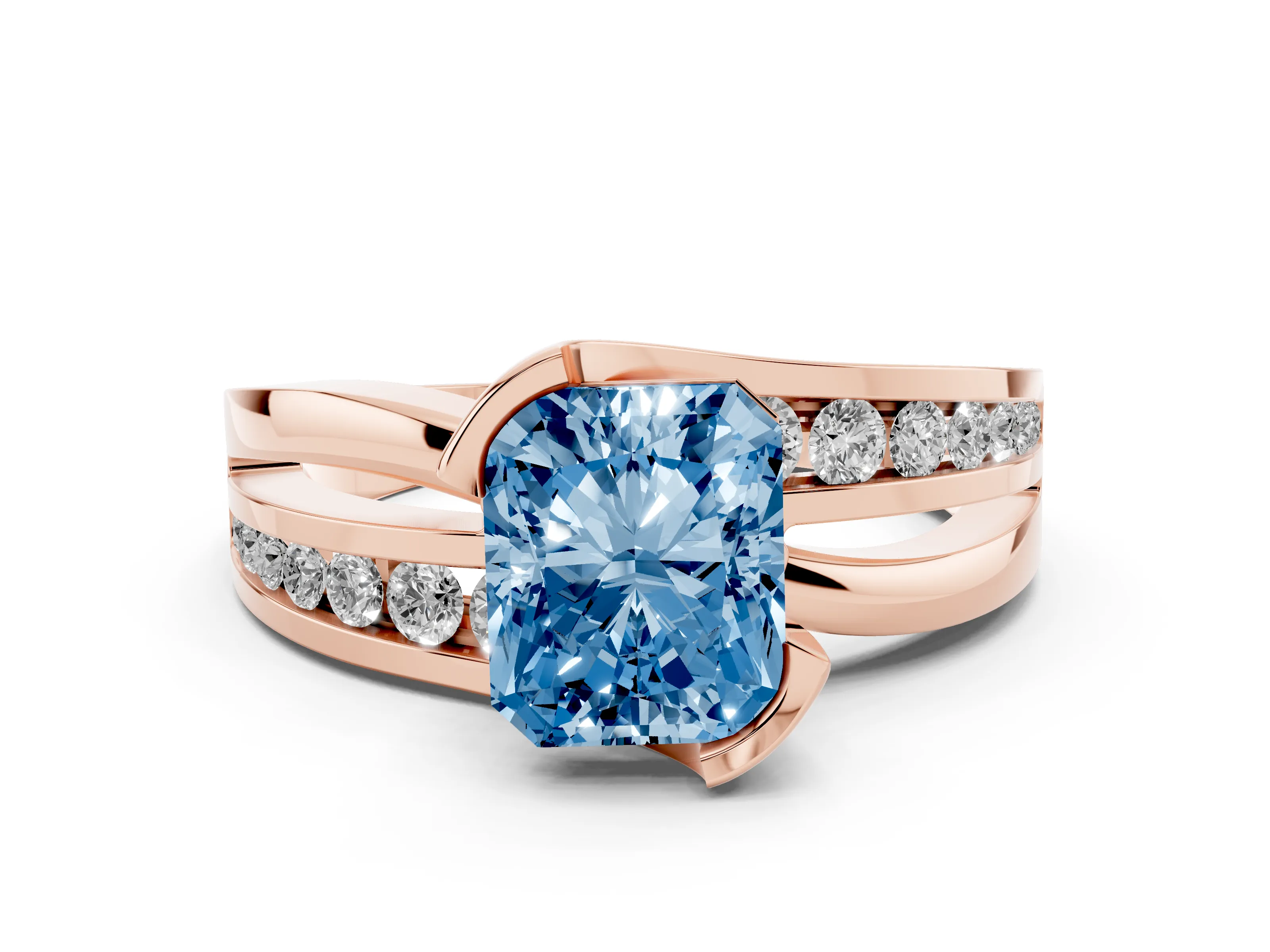 Fancy Blue Radiant Cut Diamond Solitaire Ring Set in Rose gold with Channel Set Split Shank and Tension Prongs