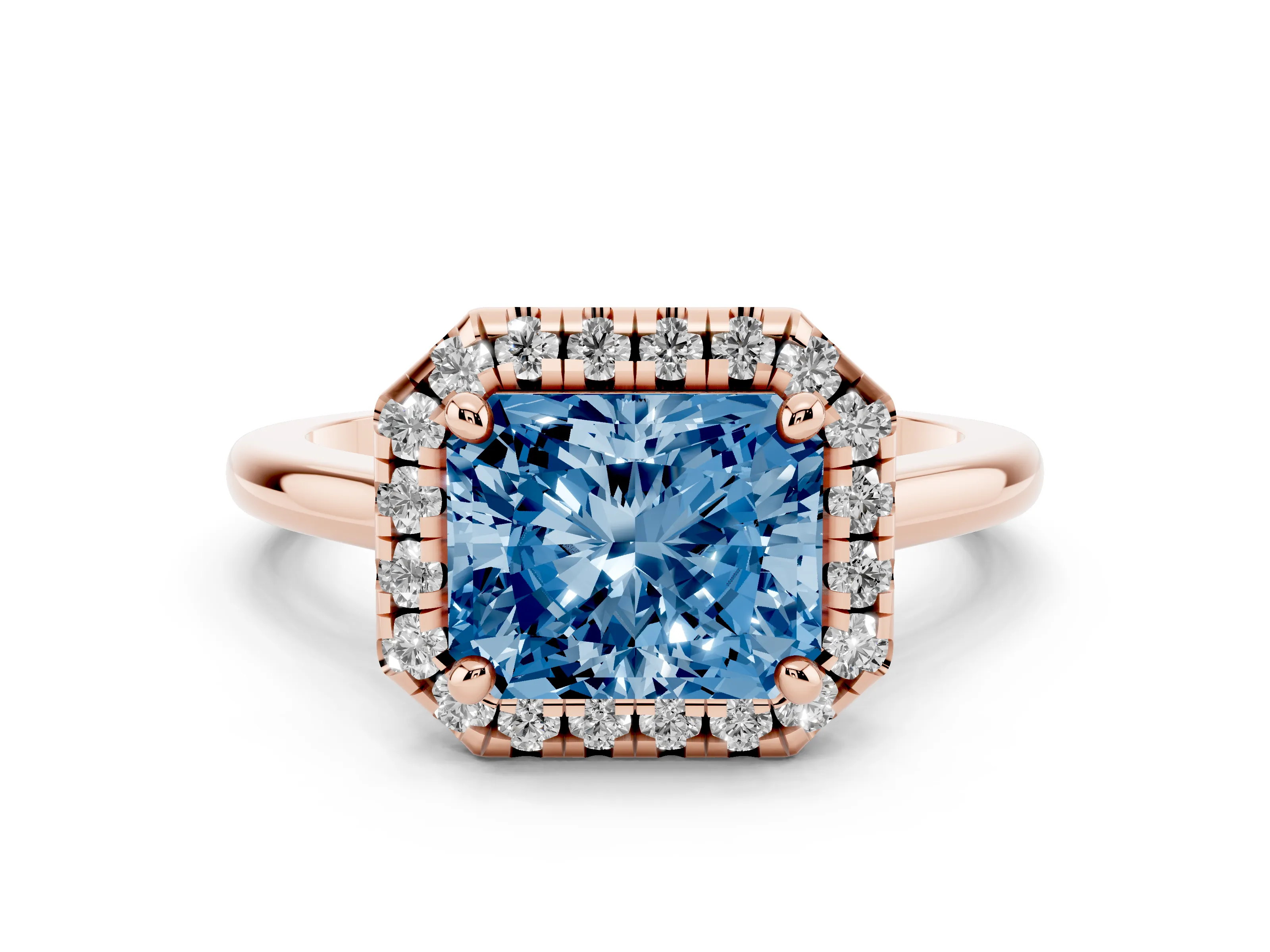 Fancy Blue Radiant Cut Diamond Halo Engagement Ring Set in Rose gold with Pavé Band and Rising Shoulders