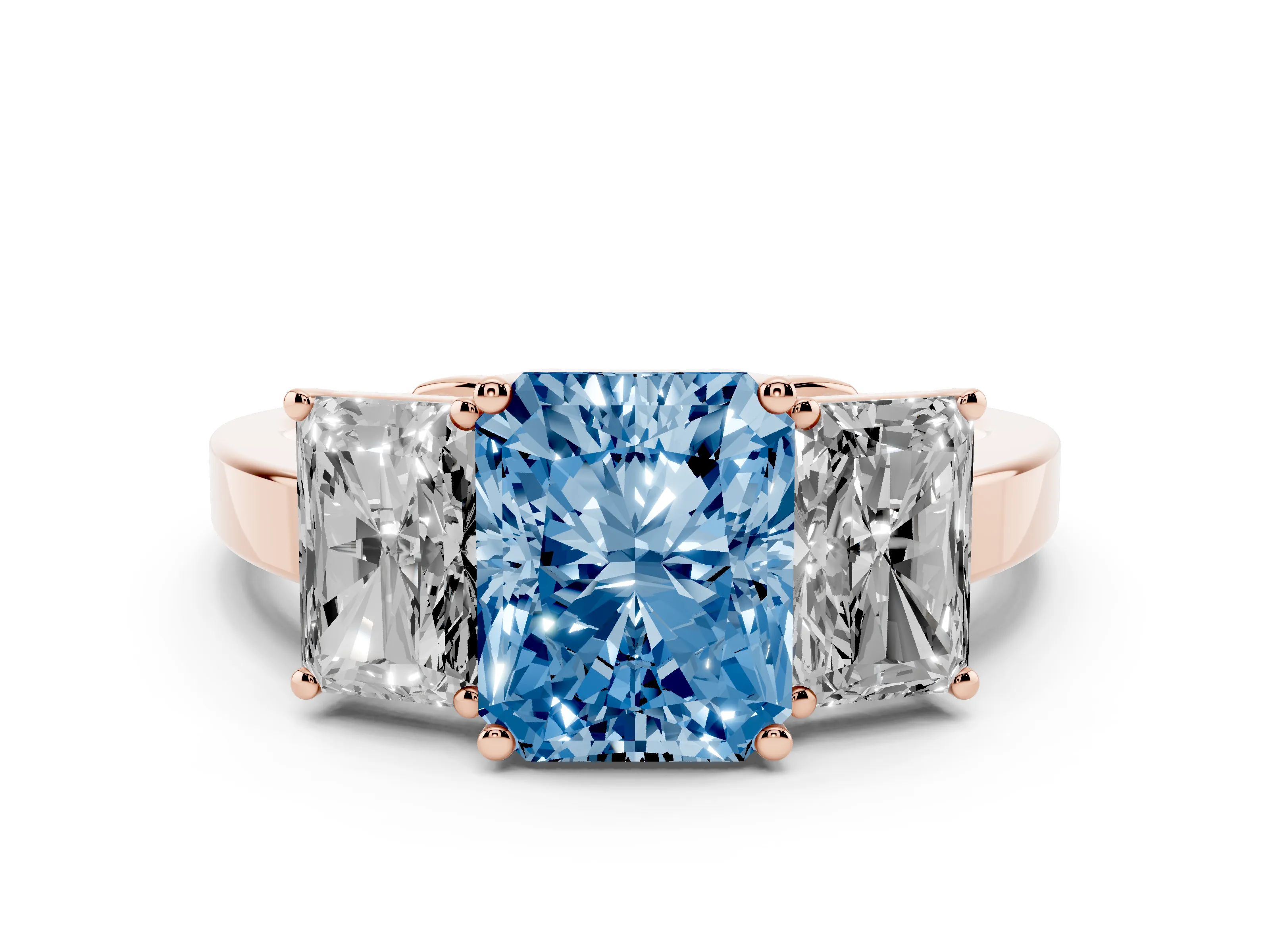 Fancy Blue Radiant Cut Diamond Three-Stone Engagement Ring Set in Rose gold with Flat Band