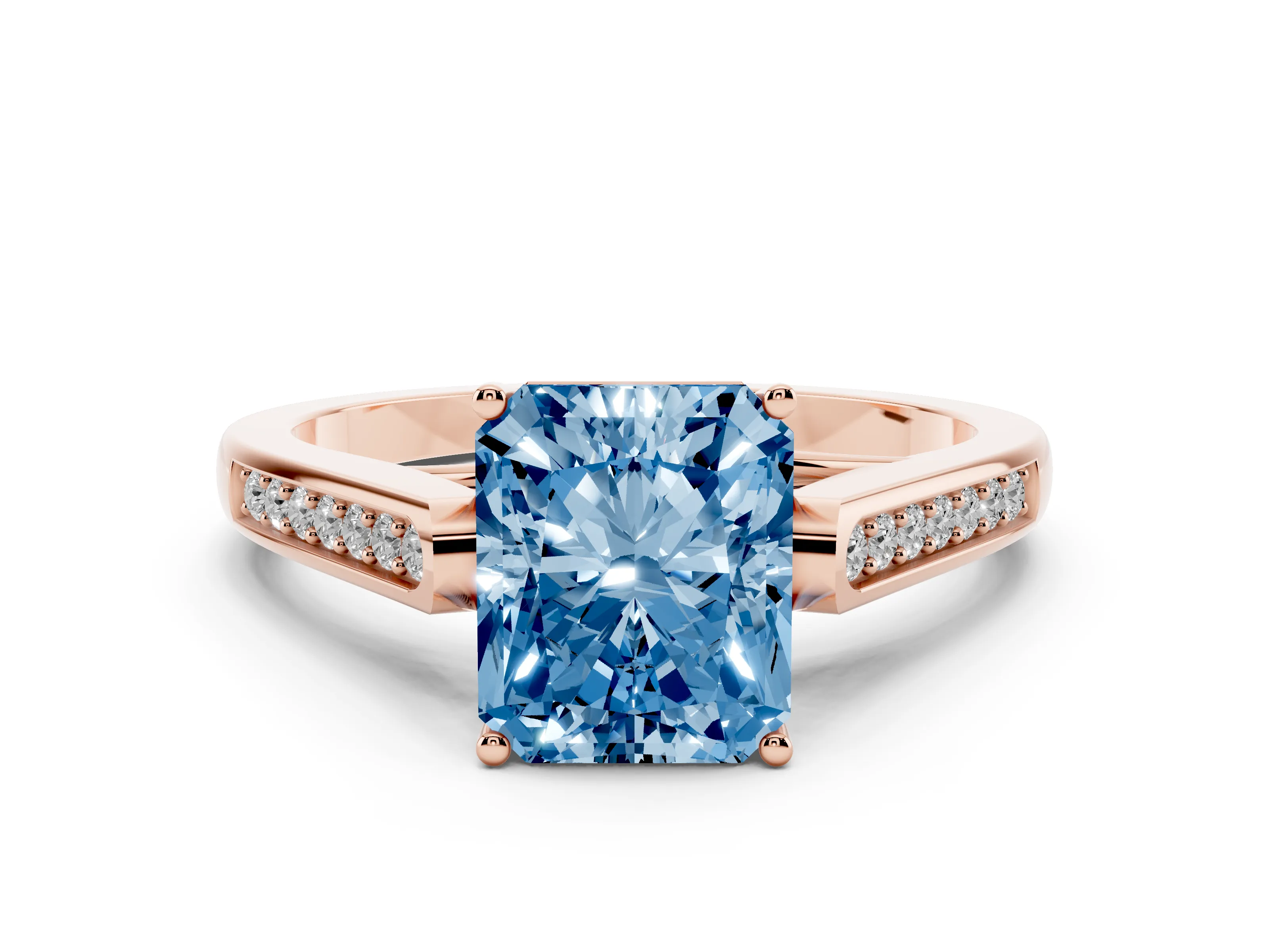 Fancy Blue Radiant Cut Diamond Solitaire Cathedral Engagement Ring Set in Rose gold with Channel-Set Band and Prong Setting