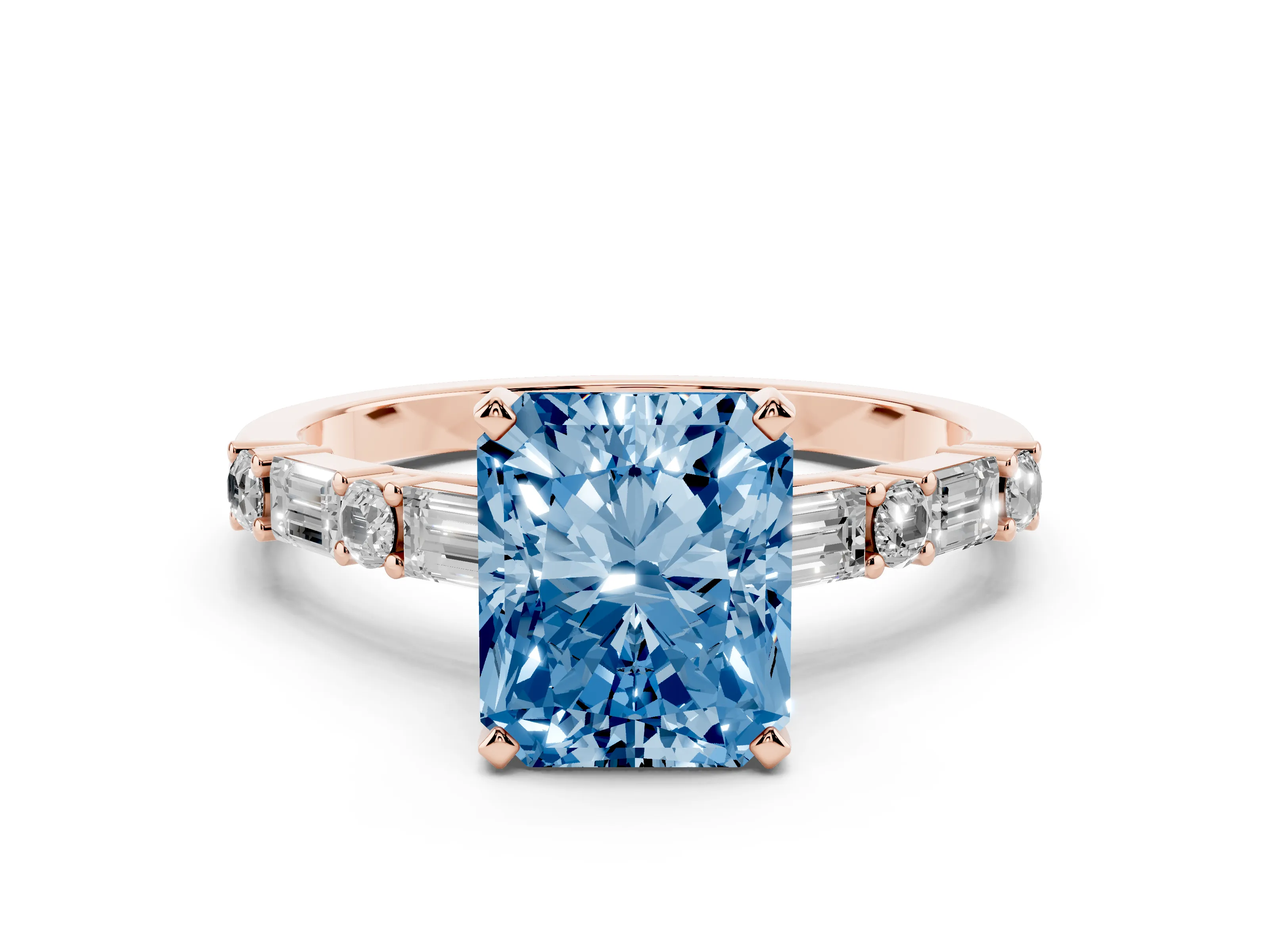 Fancy Blue Radiant Cut Diamond Solitaire Set in Rose gold with Side Baguettes and Channel Set Band