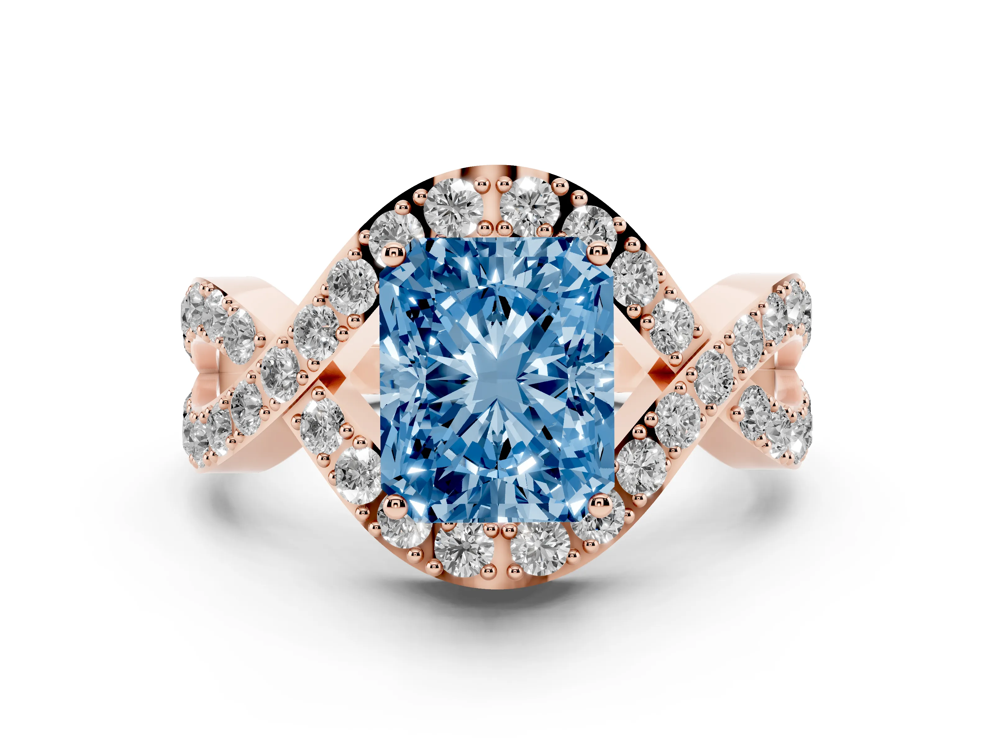Fancy Blue Radiant Cut Diamond Solitaire Twist Band Pavé Engagement Ring Set in Rose gold