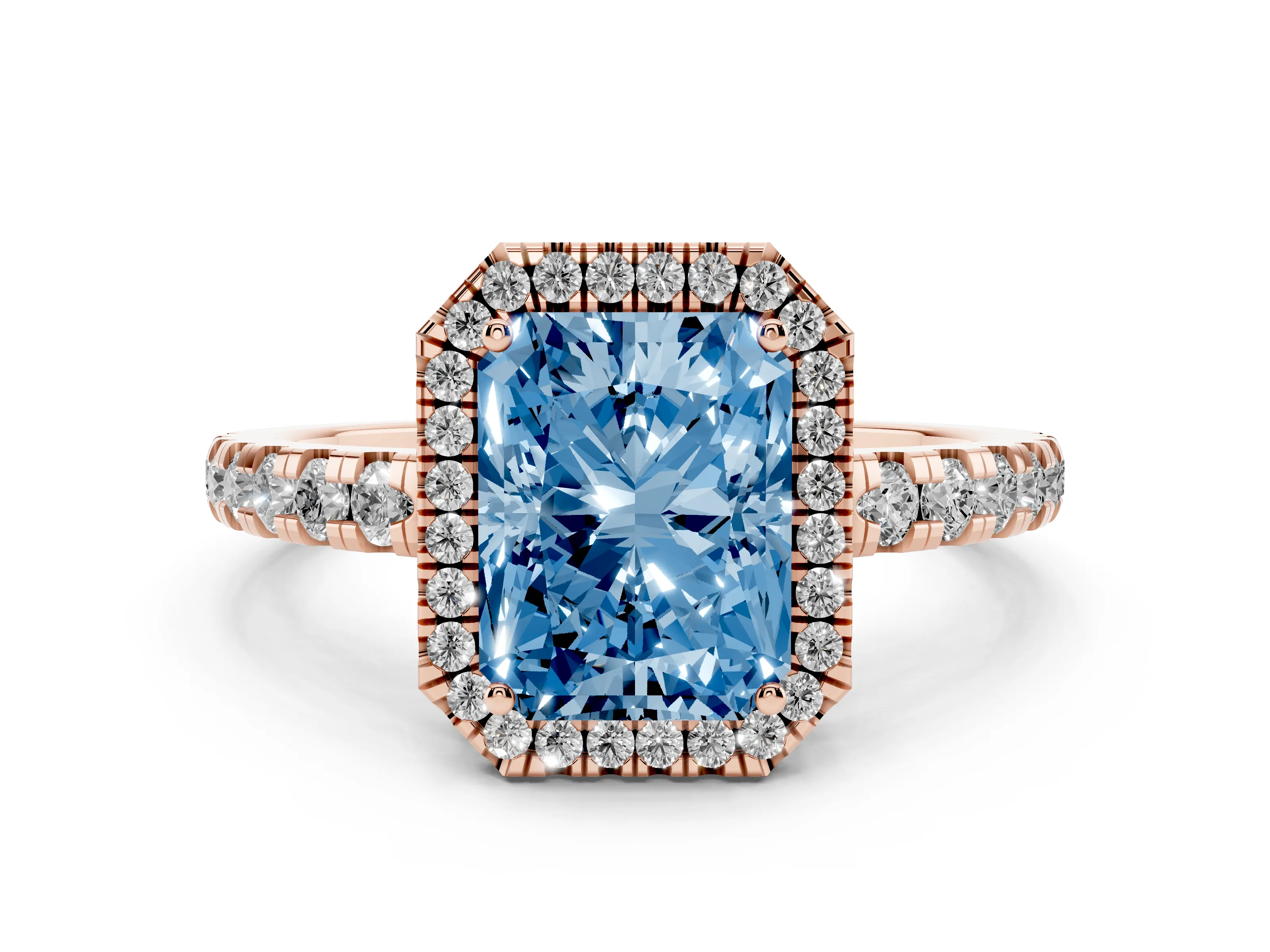 Fancy Blue Radiant Cut Diamond Halo Ring Set in Rose gold with Delicate Pavé Band and Prong Setting
