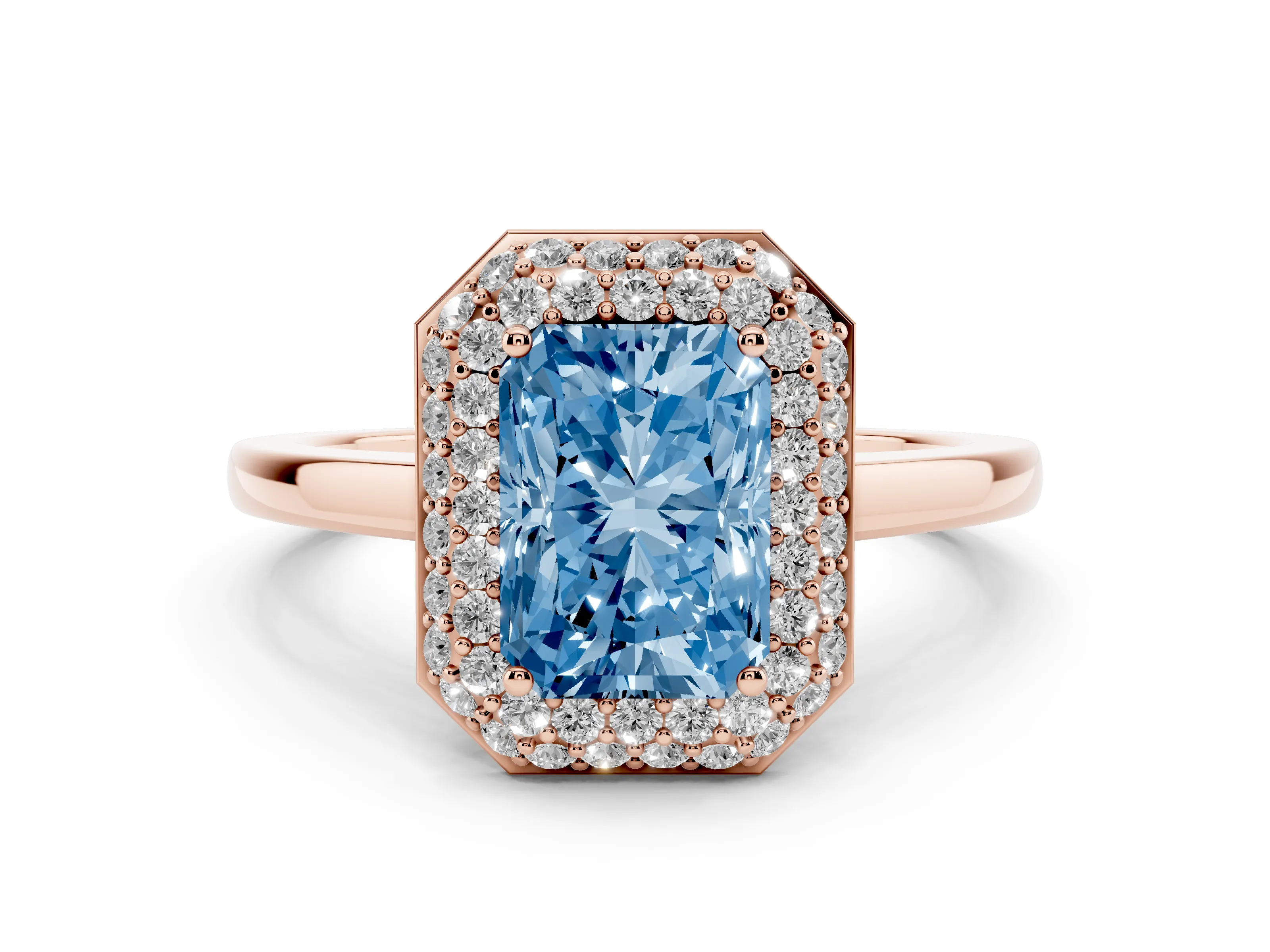 Fancy Blue Radiant Cut Diamond Halo Engagement Ring Set in Rose gold with Solitaire Band and Prong Setting