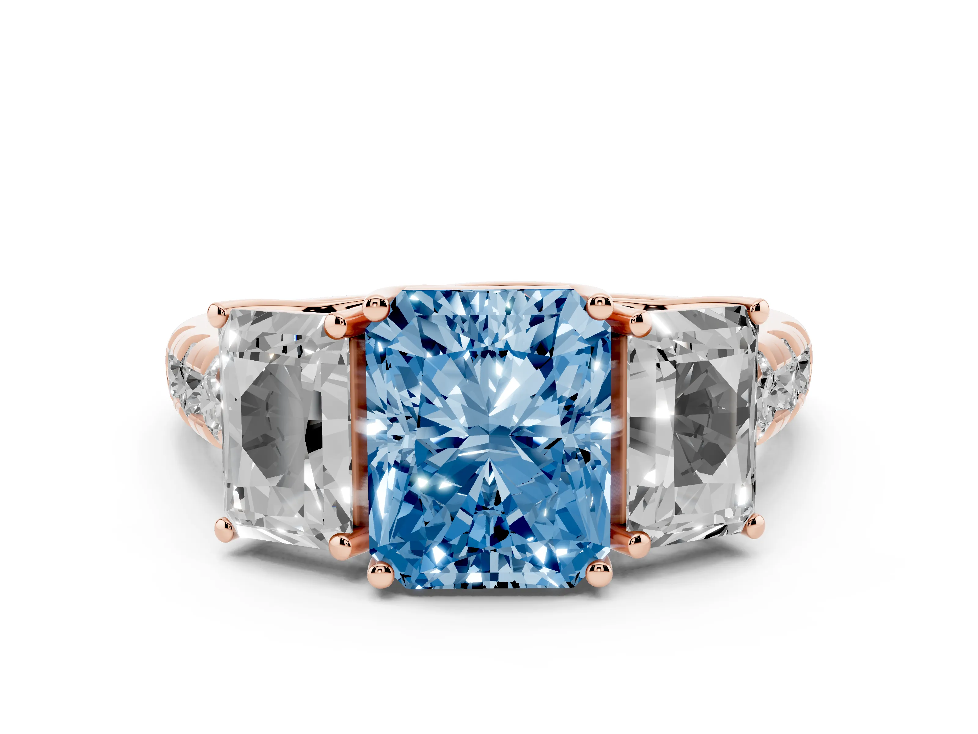 Fancy Blue Radiant Cut Diamond Three-Stone Ring Set in Rose gold with Pavé Band
