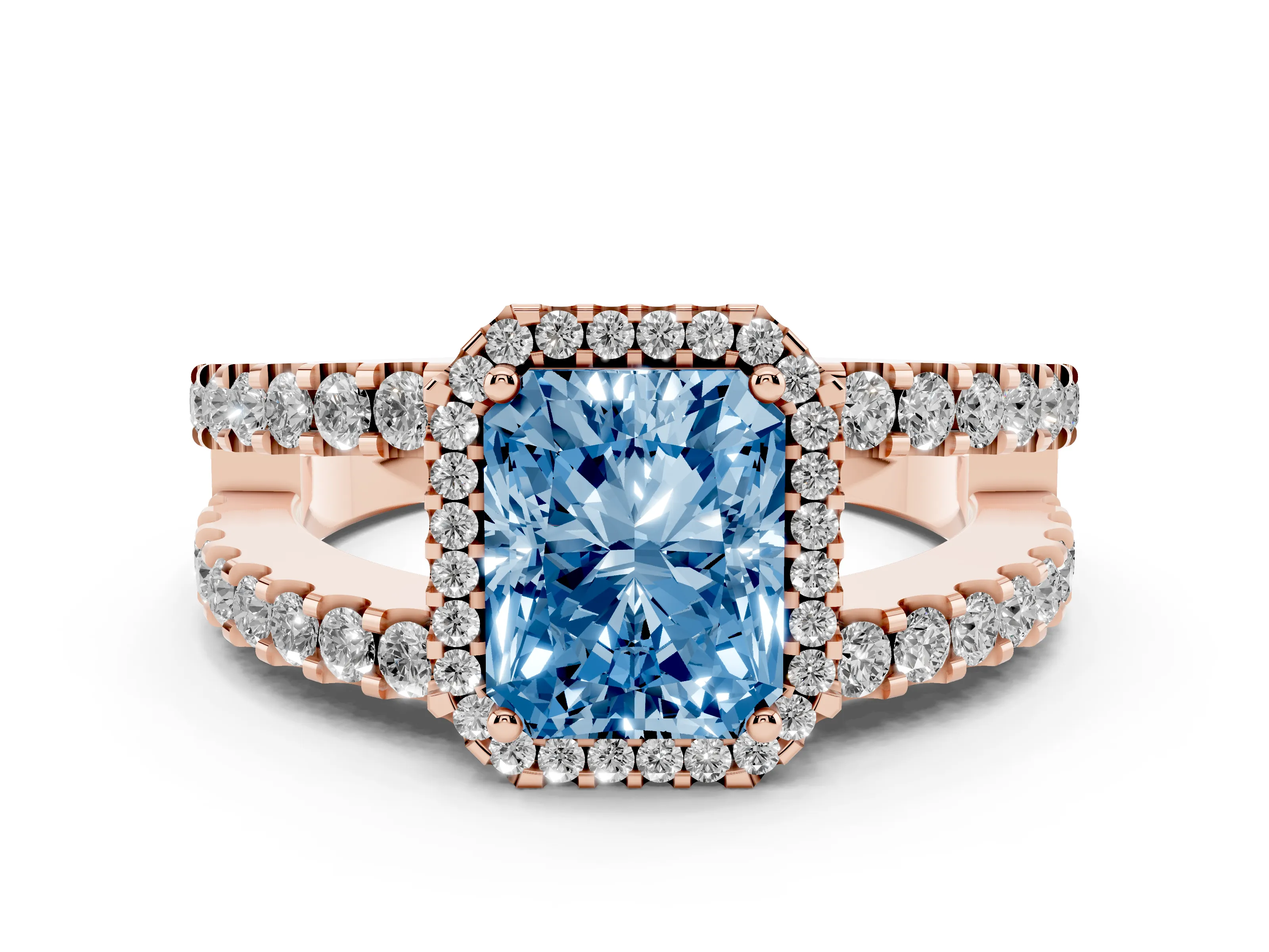Fancy Blue Radiant Cut Diamond Halo Ring Set in Rose gold with Pavé Split Shank and Prong Setting